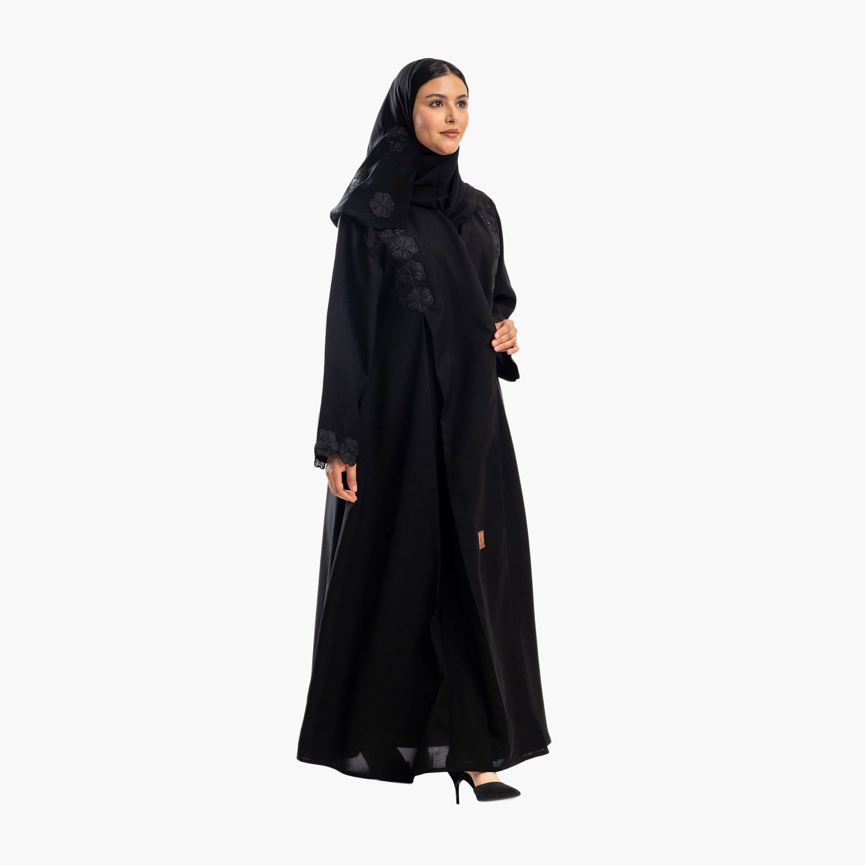 Zahiyh Black Embroided Floral Flared Abaya with Hijab-women-arabicclothing-abayas-image-2