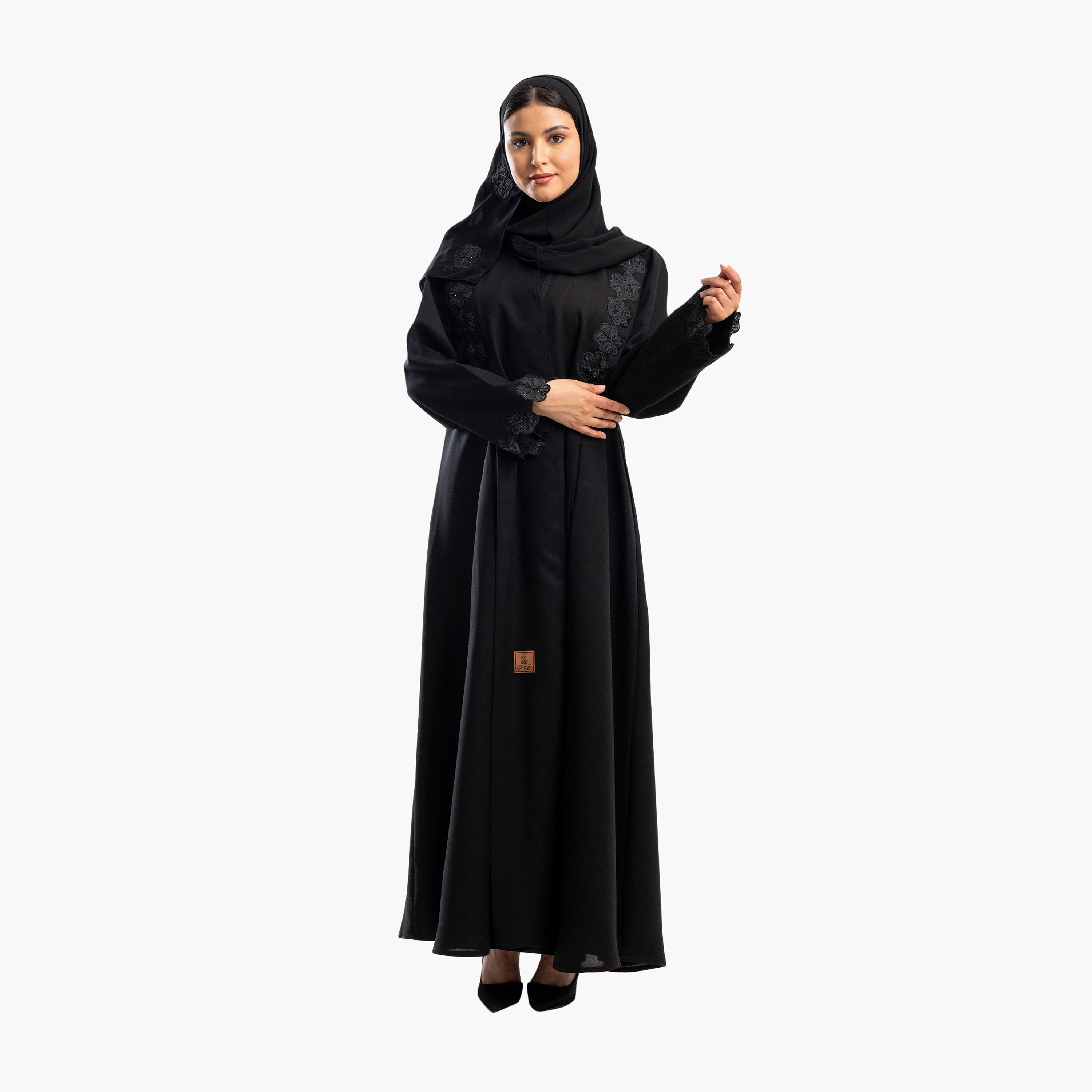 Zahiyh Black Embroided Floral Flared Abaya with Hijab-women-arabicclothing-abayas-image-3