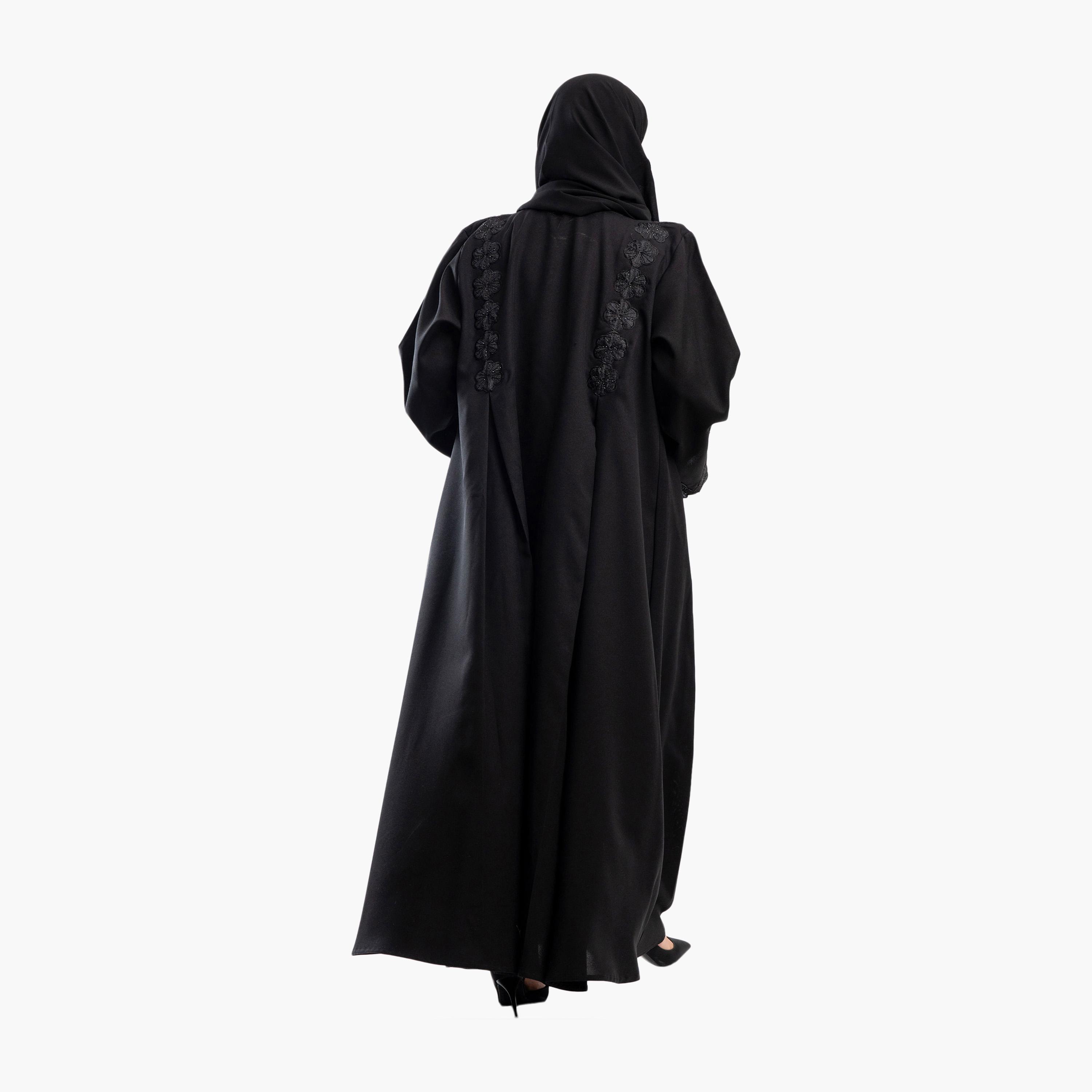 Zahiyh Black Embroided Floral Flared Abaya with Hijab-women-arabicclothing-abayas-image-4