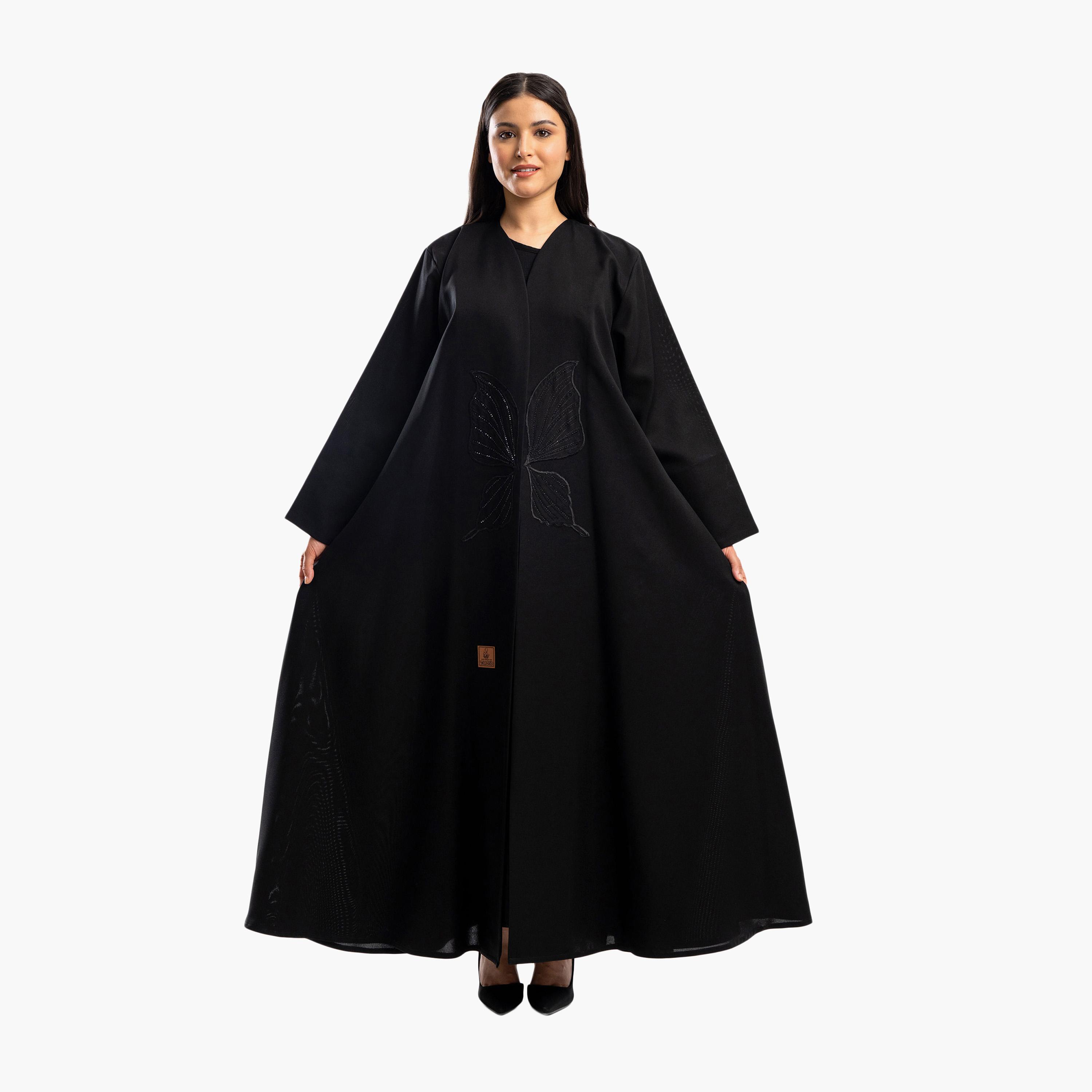 Zahiyh Black Butterfly Embroidered Flared Abaya-women-arabicclothing-abayas-image-1