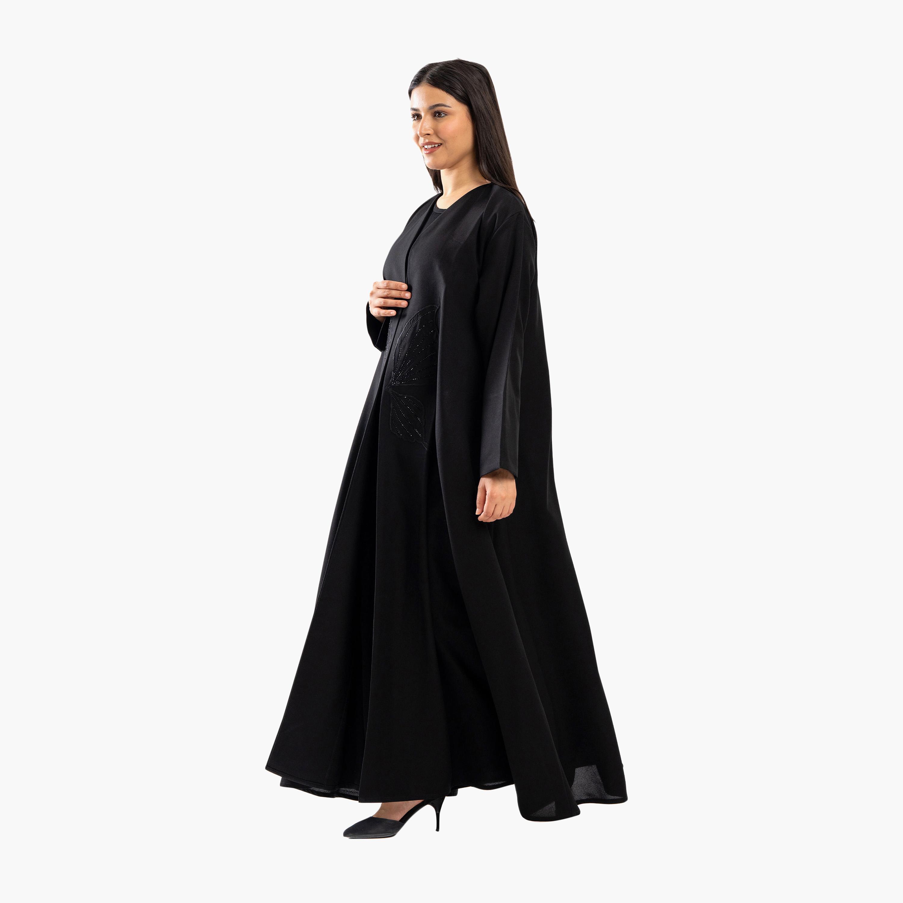 Zahiyh Black Butterfly Embroidered Flared Abaya-women-arabicclothing-abayas-image-2