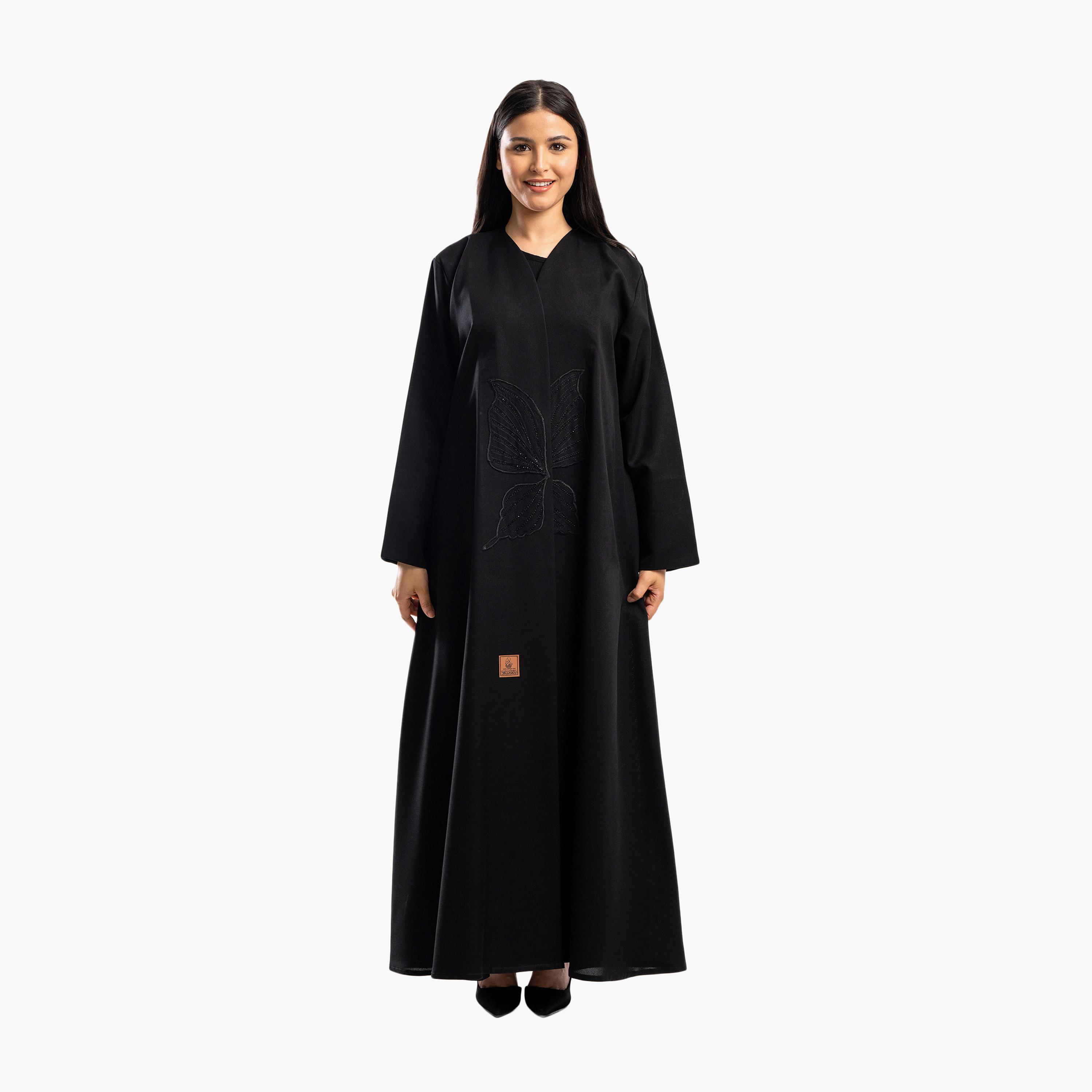 Zahiyh Black Butterfly Embroidered Flared Abaya-women-arabicclothing-abayas-image-3