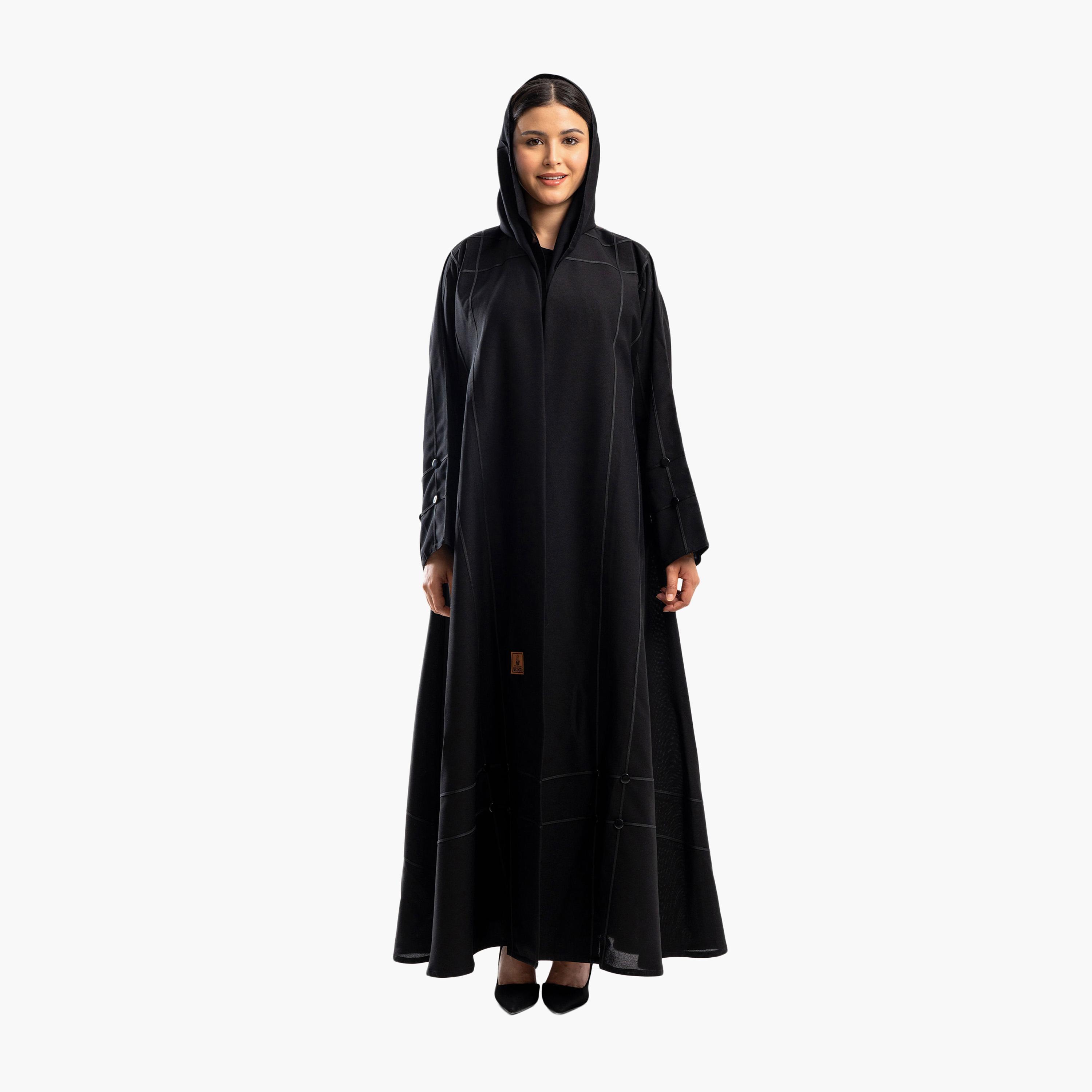 Zahiyh Black Stripe Stitched Formal Flared Abaya with Hijab-women-arabicclothing-abayas-image-1