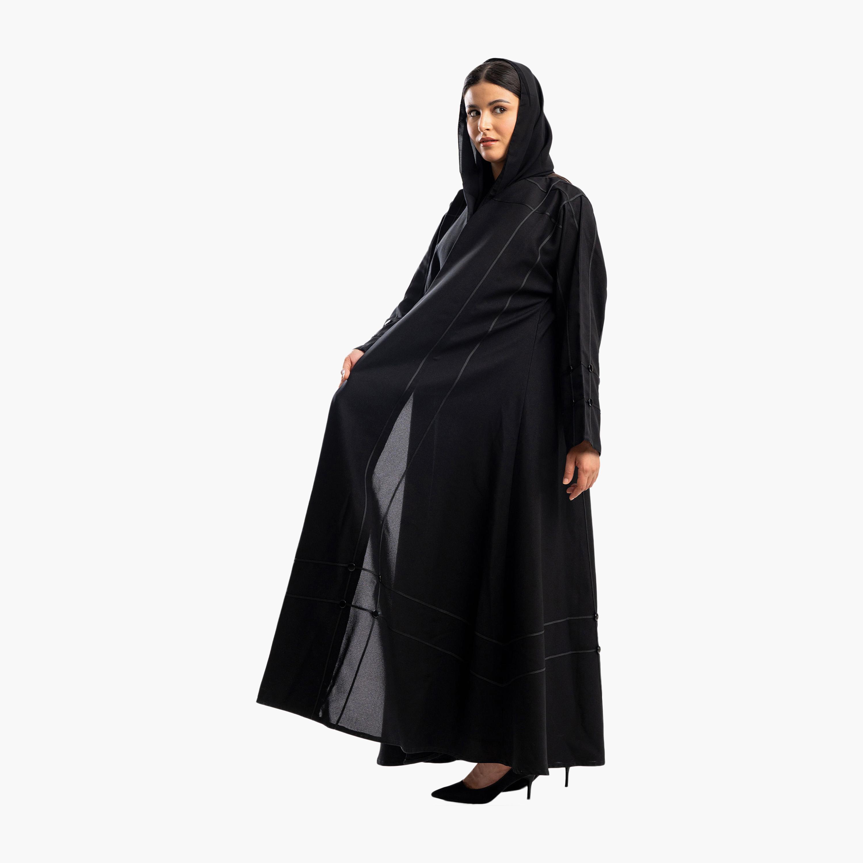Zahiyh Black Stripe Stitched Formal Flared Abaya with Hijab-women-arabicclothing-abayas-image-3
