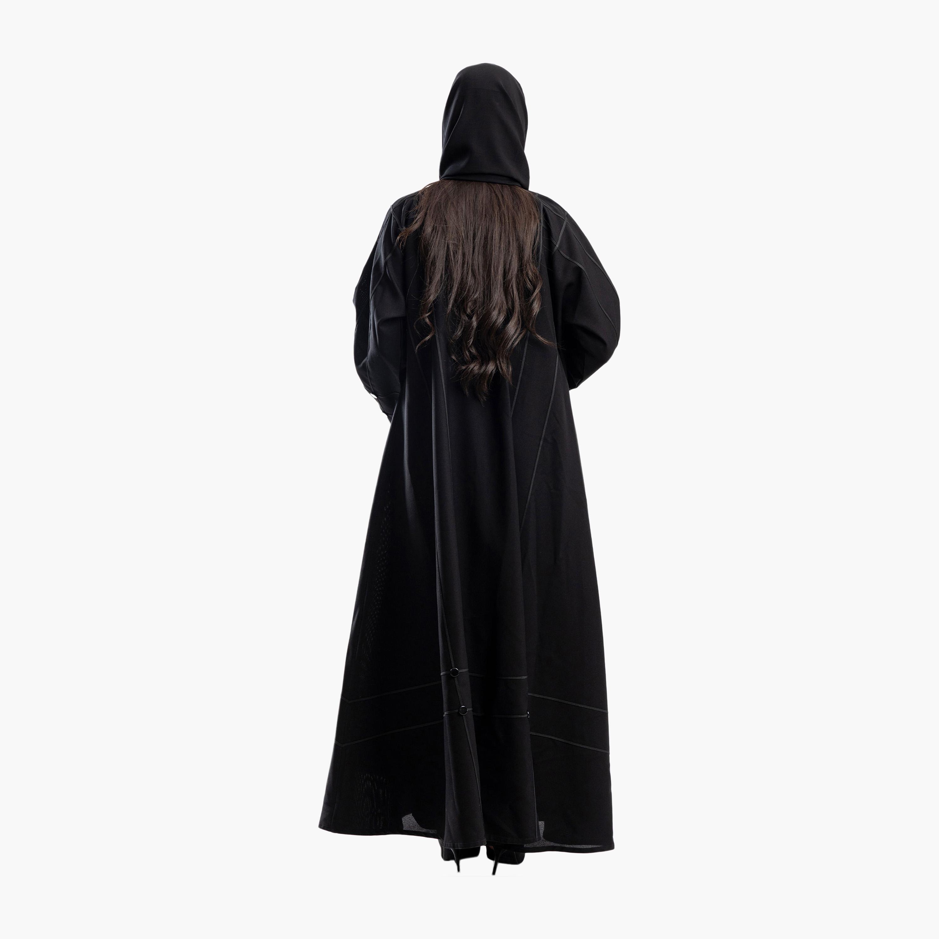Zahiyh Black Stripe Stitched Formal Flared Abaya with Hijab-women-arabicclothing-abayas-image-4