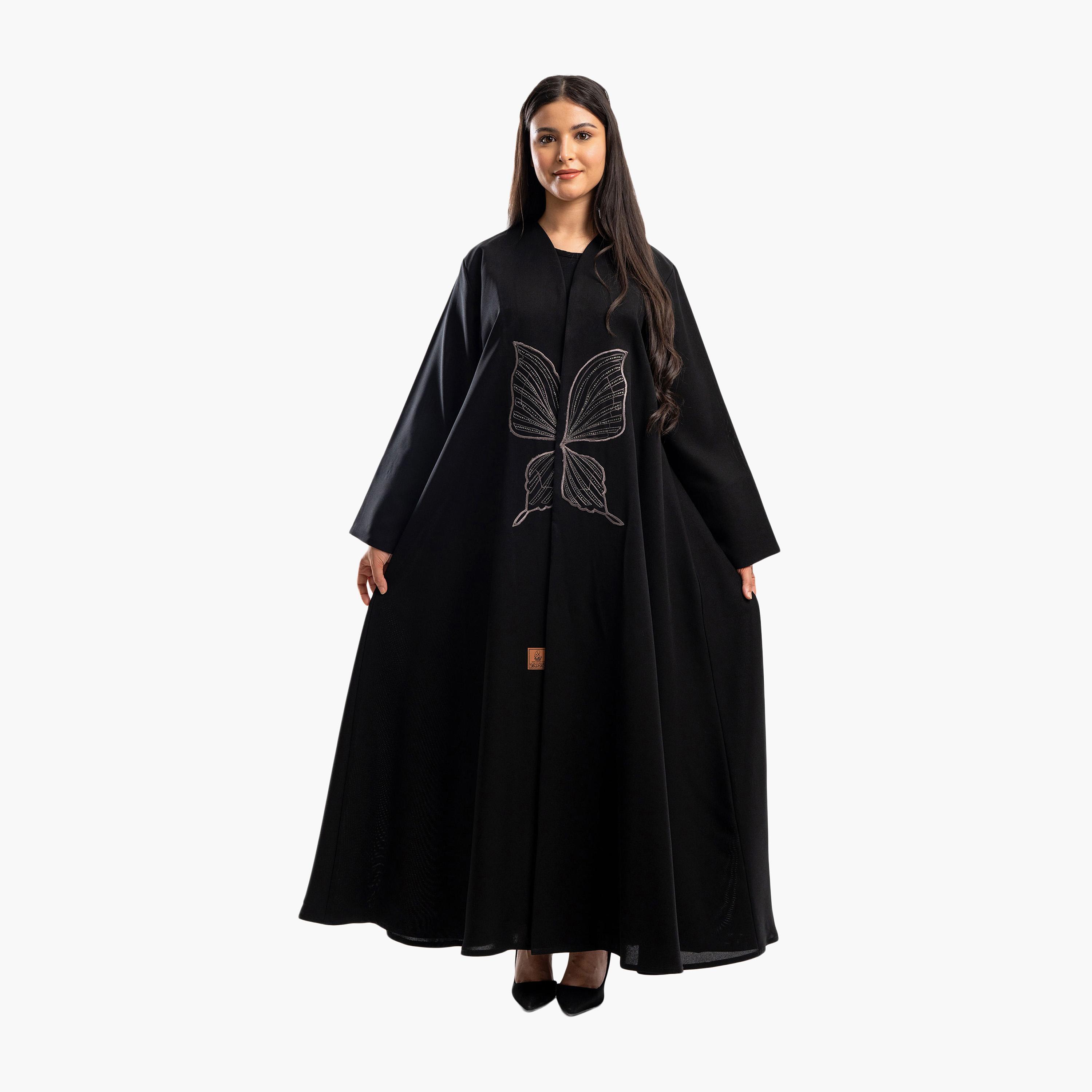 Zahiyh Black Butterfly Embroidered Flared Abaya-women-arabicclothing-abayas-image-1