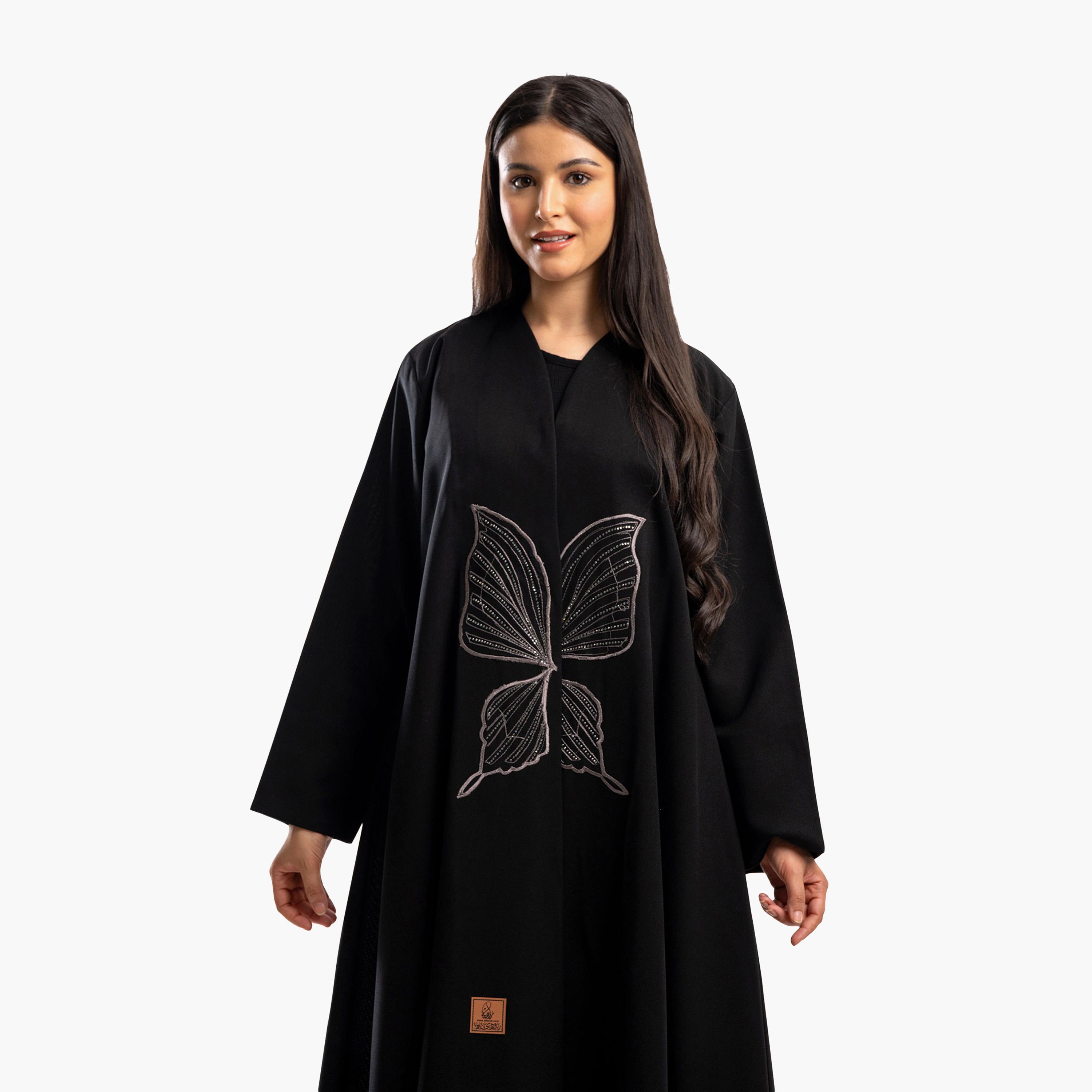 Zahiyh Black Butterfly Embroidered Flared Abaya-women-arabicclothing-abayas-image-2