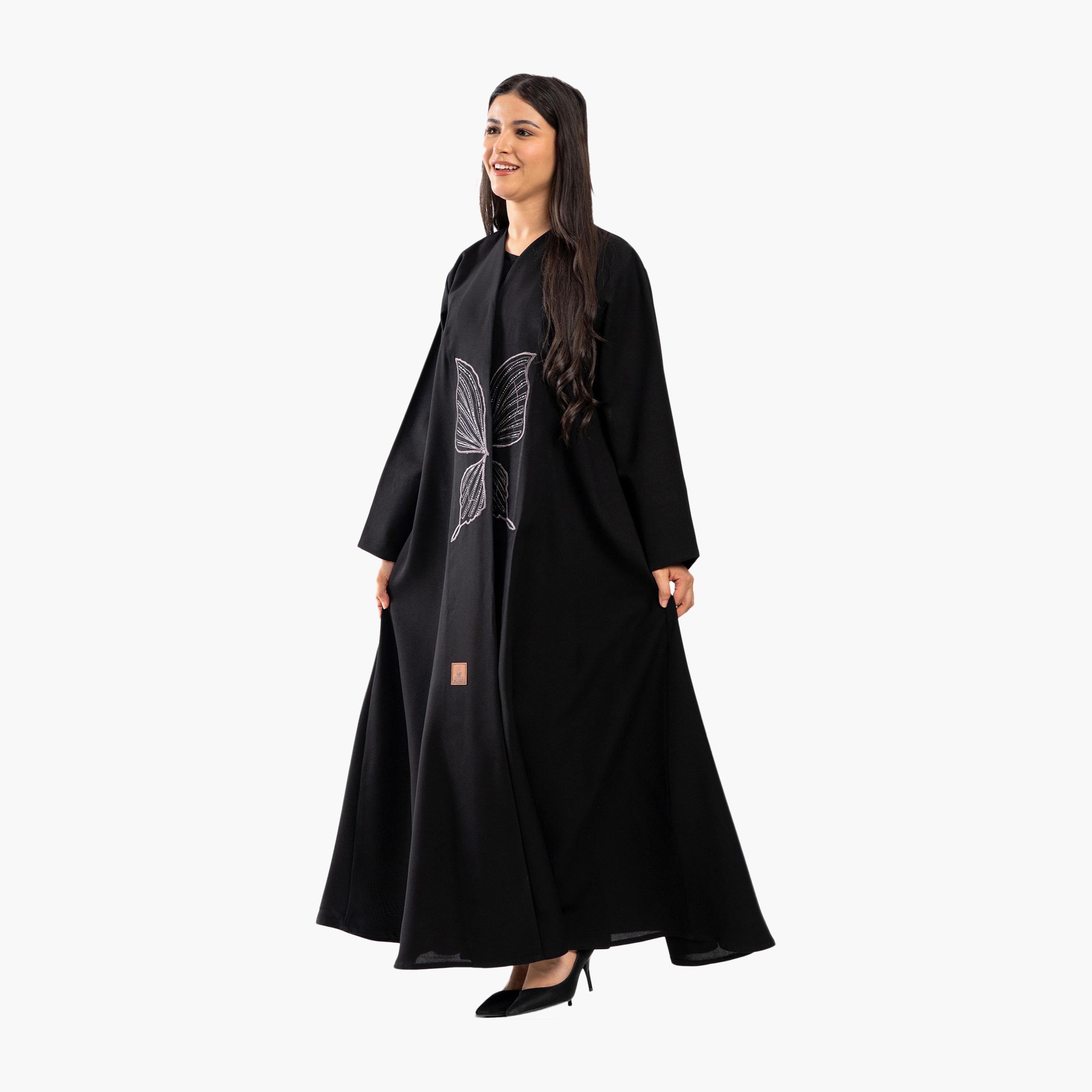 Zahiyh Black Butterfly Embroidered Flared Abaya-women-arabicclothing-abayas-image-3