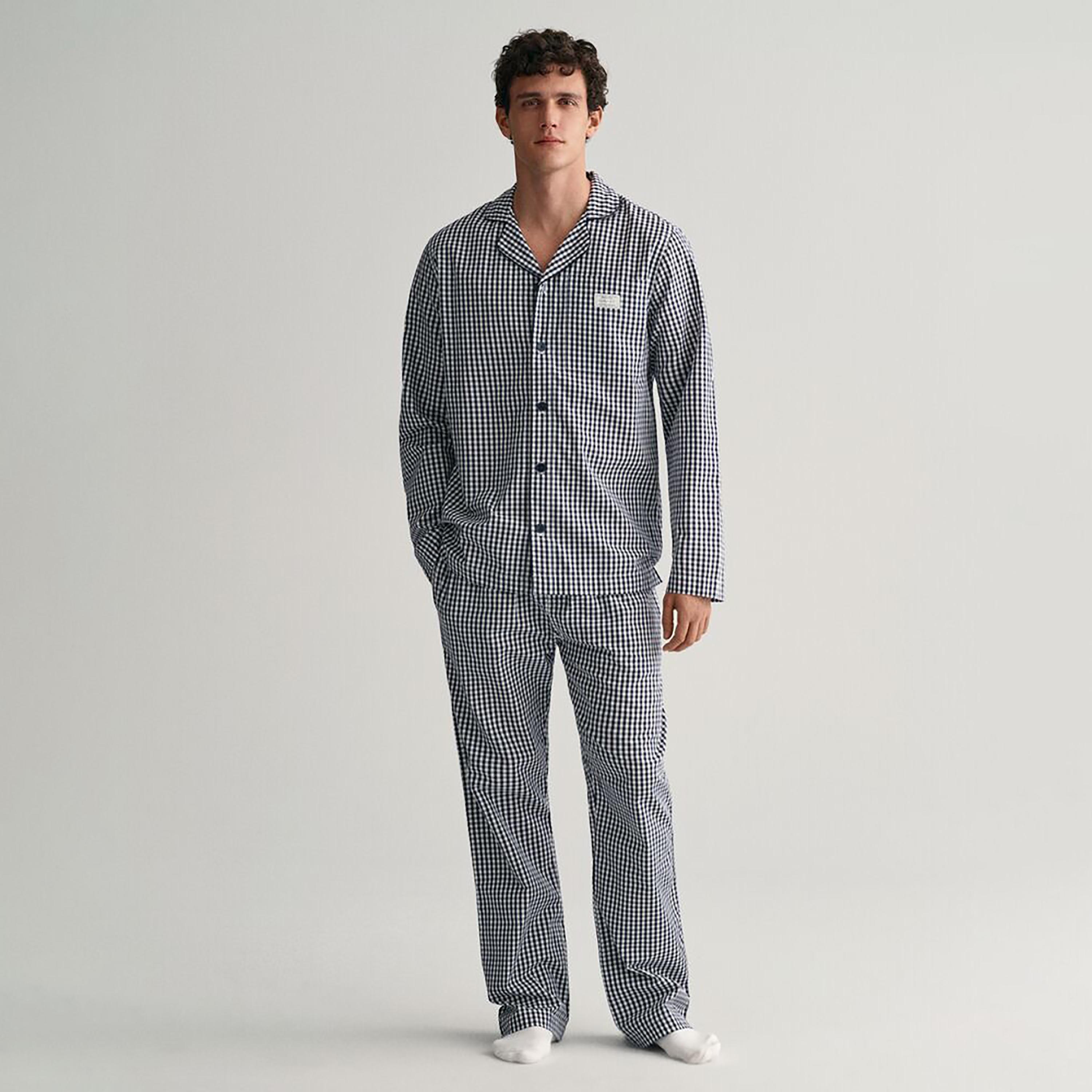 طقم جانت من قطعتين قميص رجال من قماش الجينغهام الأزرق مع بيجاما متوسطة الارتفاع-men-clothing-nightwear-sets-image-1