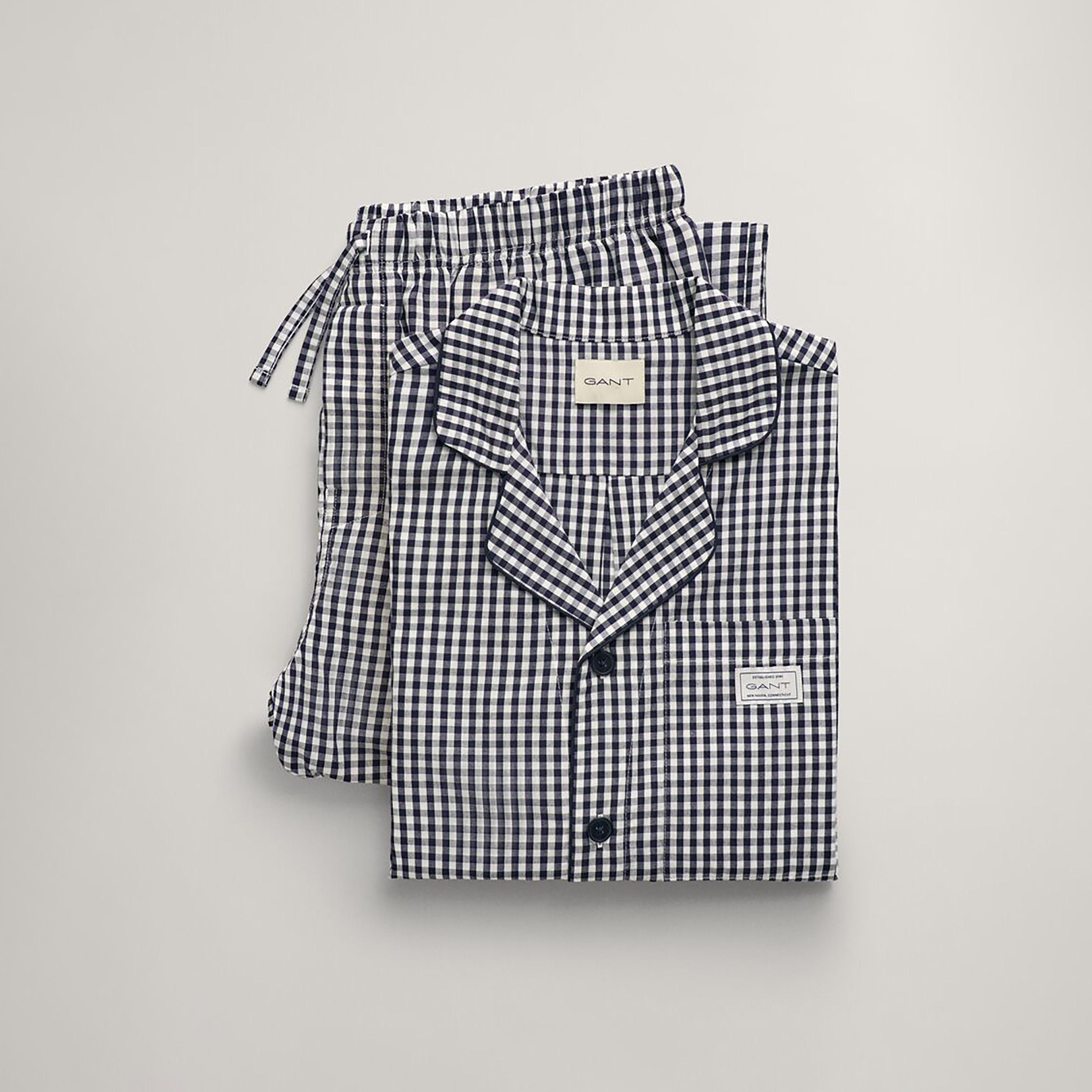 طقم جانت من قطعتين قميص رجال من قماش الجينغهام الأزرق مع بيجاما متوسطة الارتفاع-men-clothing-nightwear-sets-image-3
