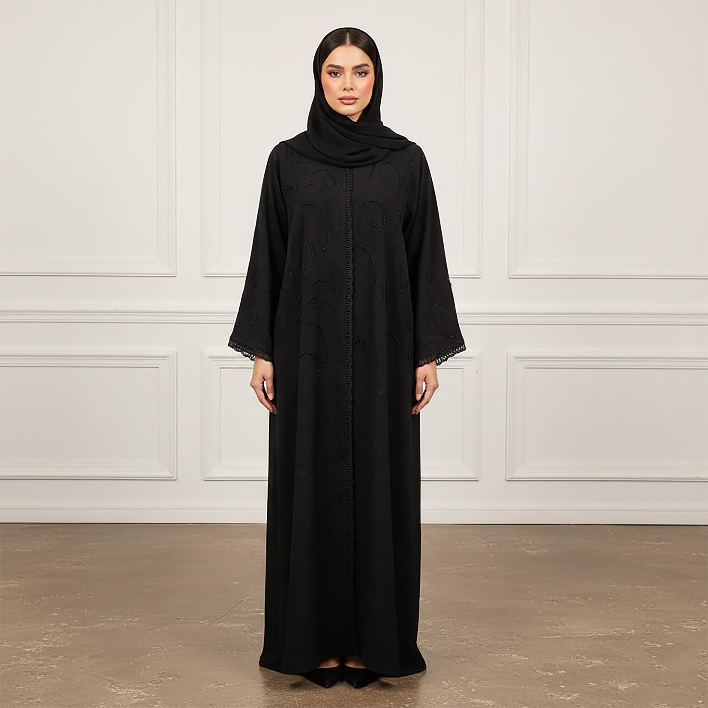 Nukhbaa Black Beads Detailed Women's Abaya with Hijab-women-arabicclothing-abayas-image-1
