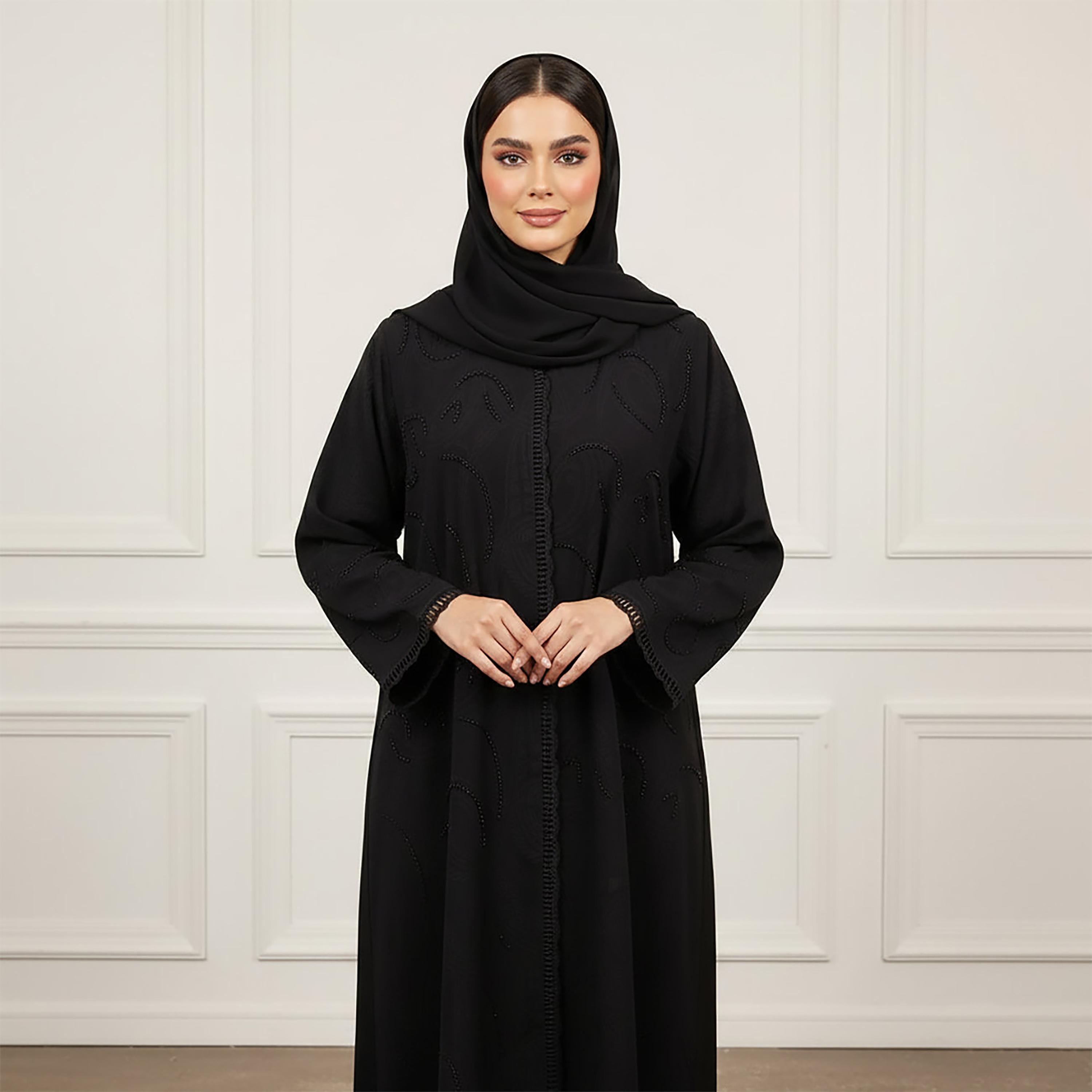 Nukhbaa Black Beads Detailed Women's Abaya with Hijab-women-arabicclothing-abayas-image-2