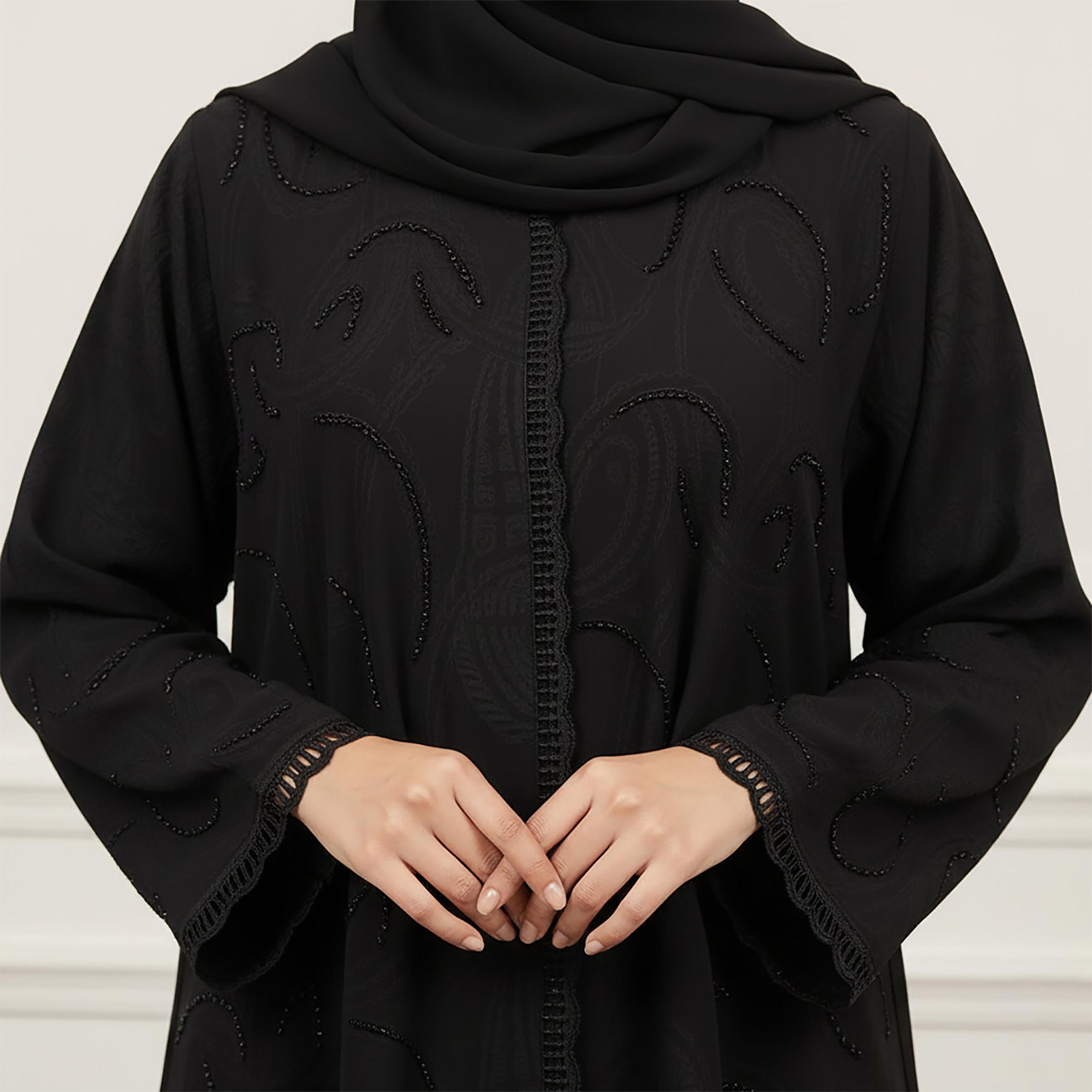 Nukhbaa Black Beads Detailed Women's Abaya with Hijab-women-arabicclothing-abayas-image-3