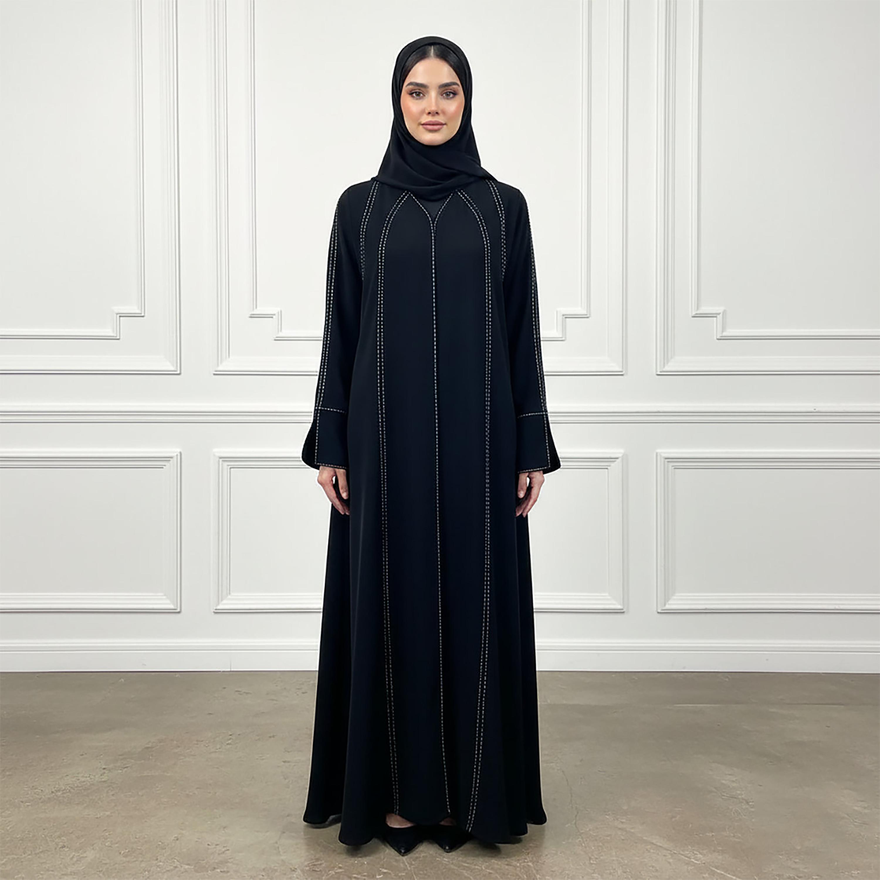 عباءة نسائية من قماش الندى بخياطة متباينة بلون أسود مع حجاب من نخبة-women-arabicclothing-abayas-image-1