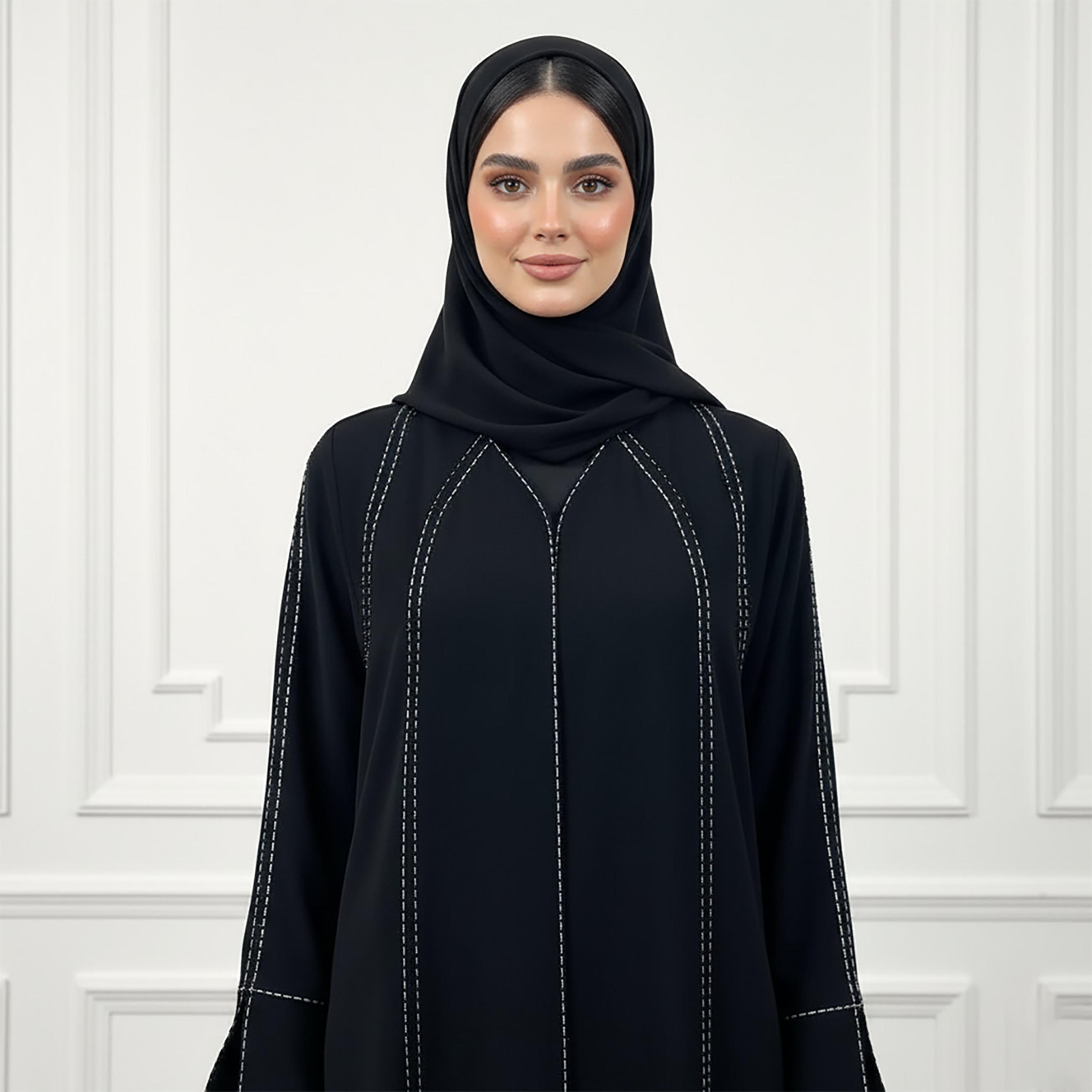 عباءة نسائية من قماش الندى بخياطة متباينة بلون أسود مع حجاب من نخبة-women-arabicclothing-abayas-image-2