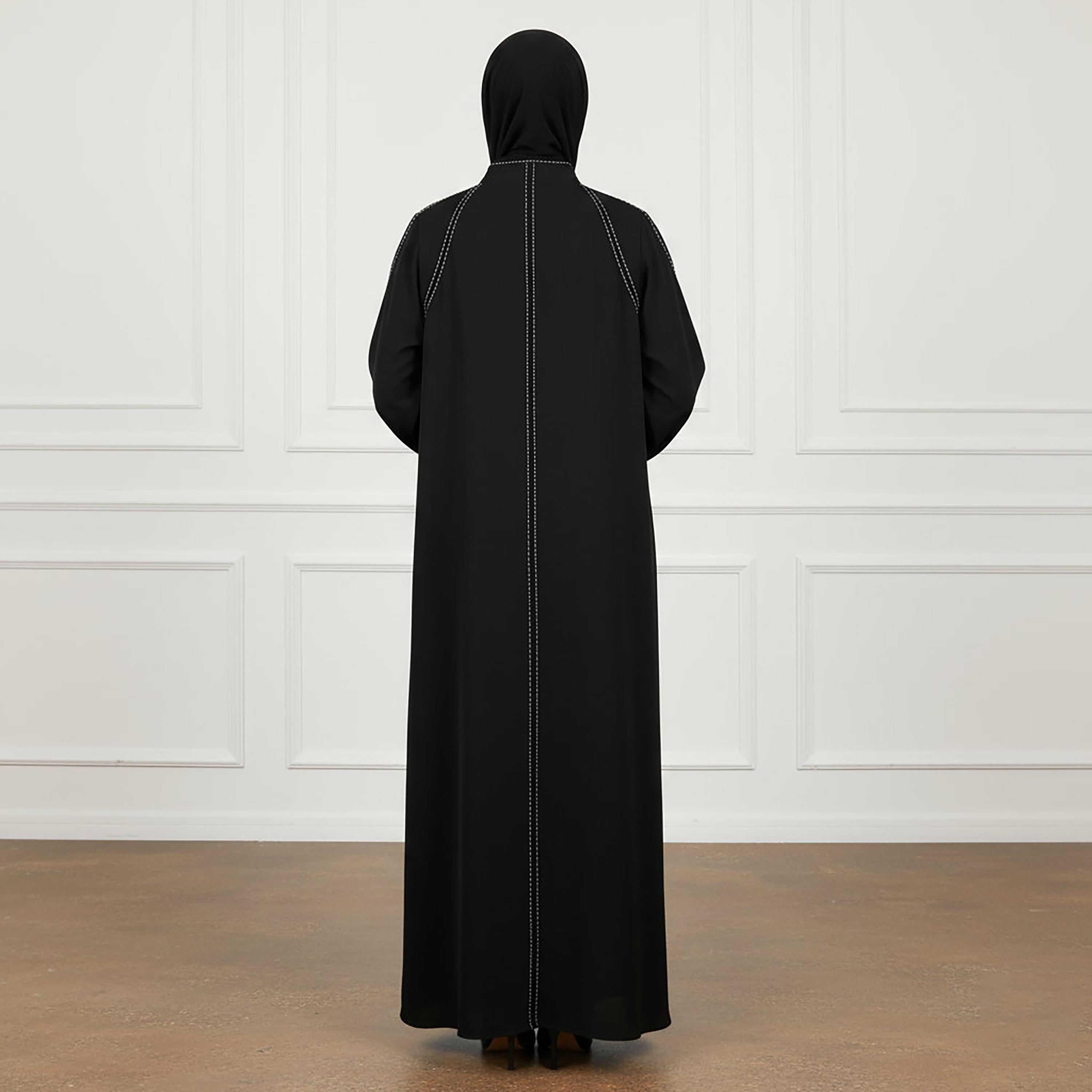 عباءة نسائية من قماش الندى بخياطة متباينة بلون أسود مع حجاب من نخبة-women-arabicclothing-abayas-image-4