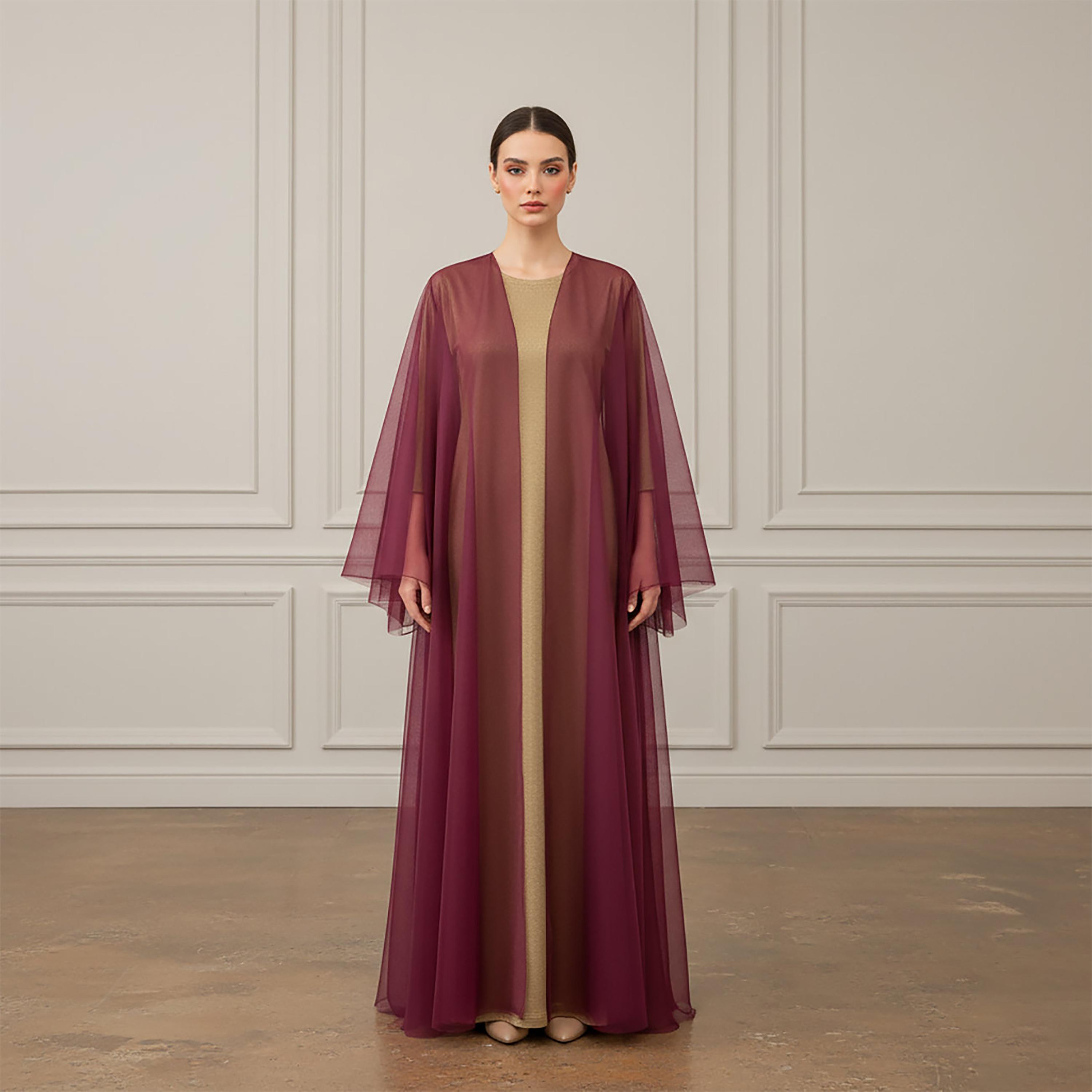 عباءة نسائية من التل الشفاف بأكمام عريضة بلون أحمر مع حجاب من نخبة-women-arabicclothing-abayas-image-1