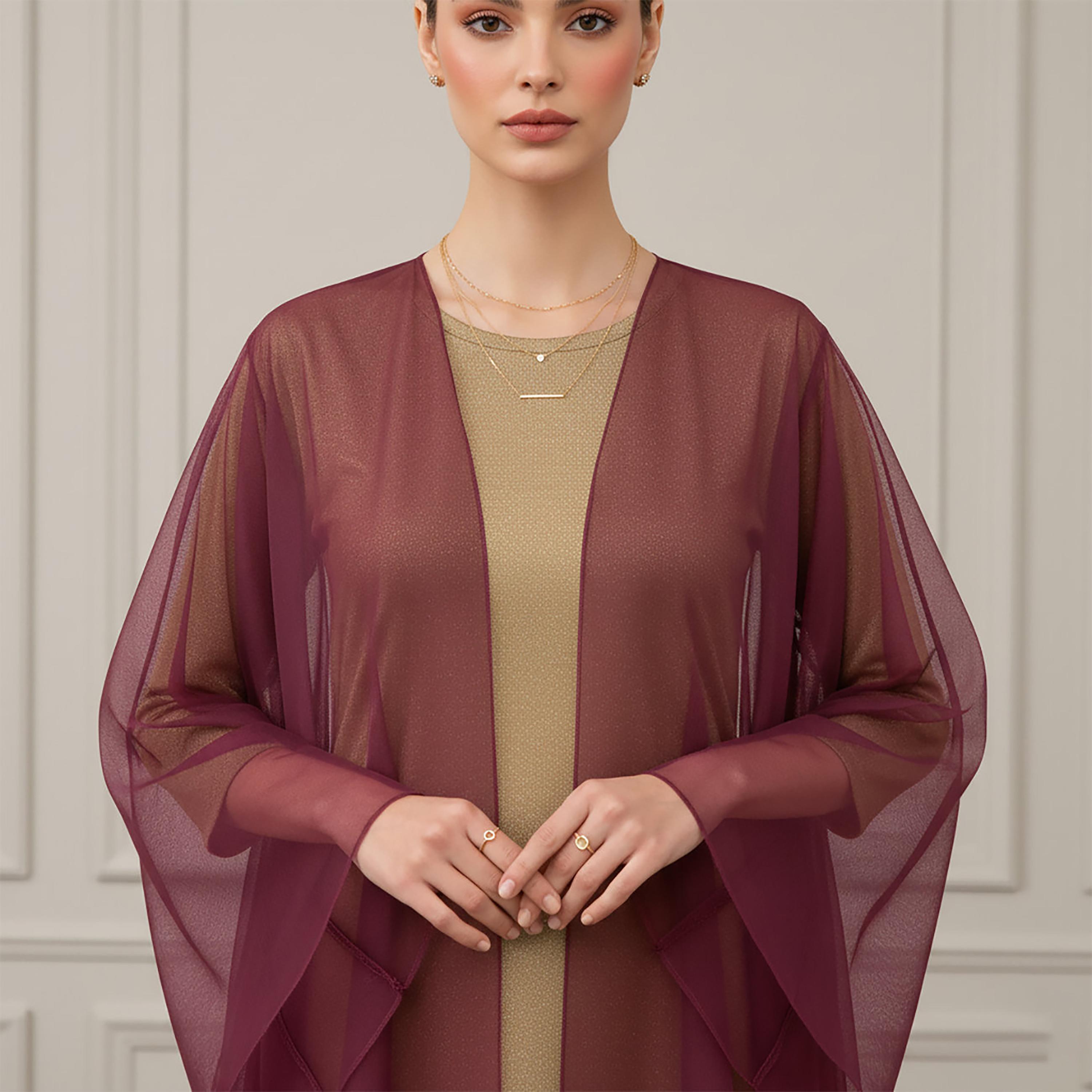 عباءة نسائية من التل الشفاف بأكمام عريضة بلون أحمر مع حجاب من نخبة-women-arabicclothing-abayas-image-2