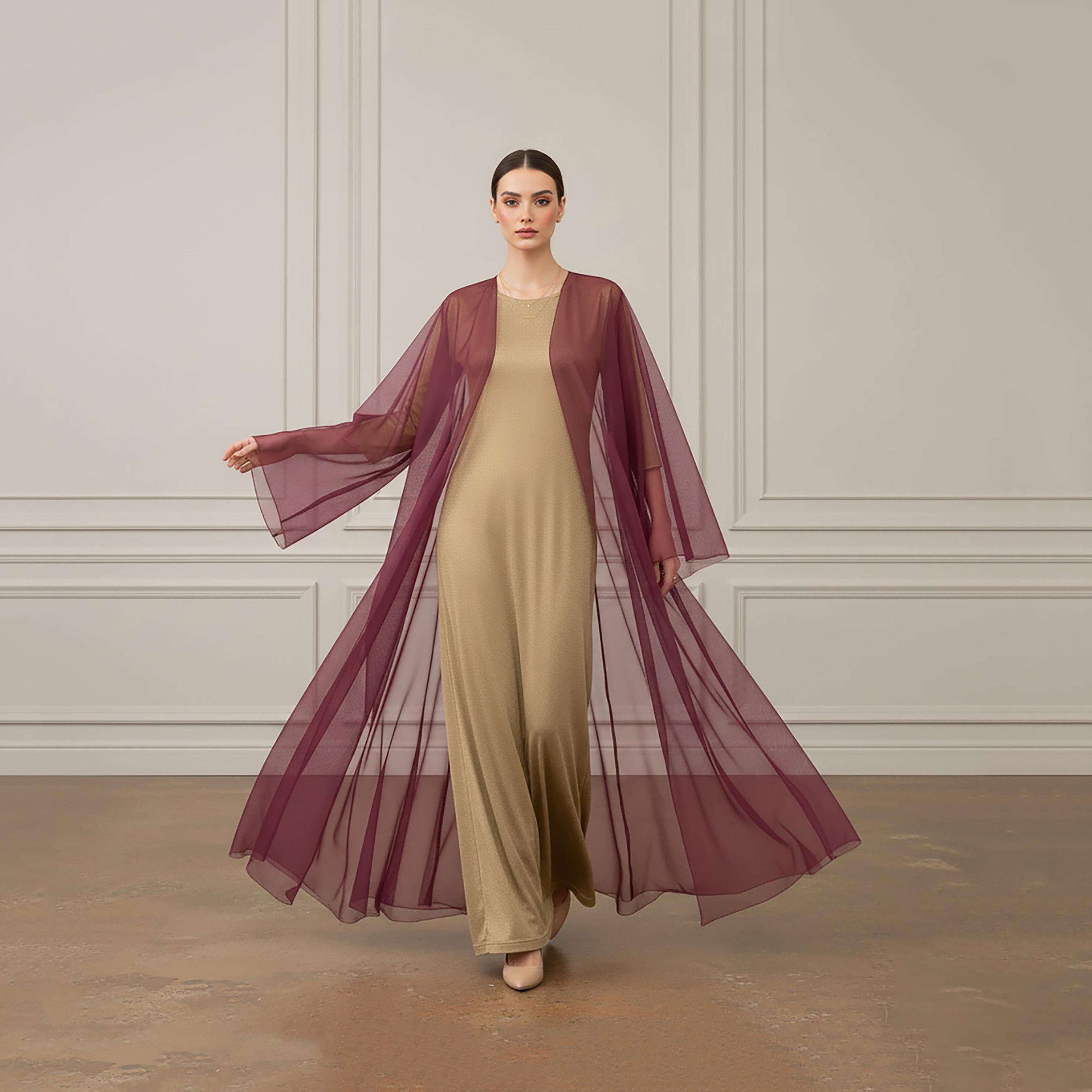 عباءة نسائية من التل الشفاف بأكمام عريضة بلون أحمر مع حجاب من نخبة-women-arabicclothing-abayas-image-3