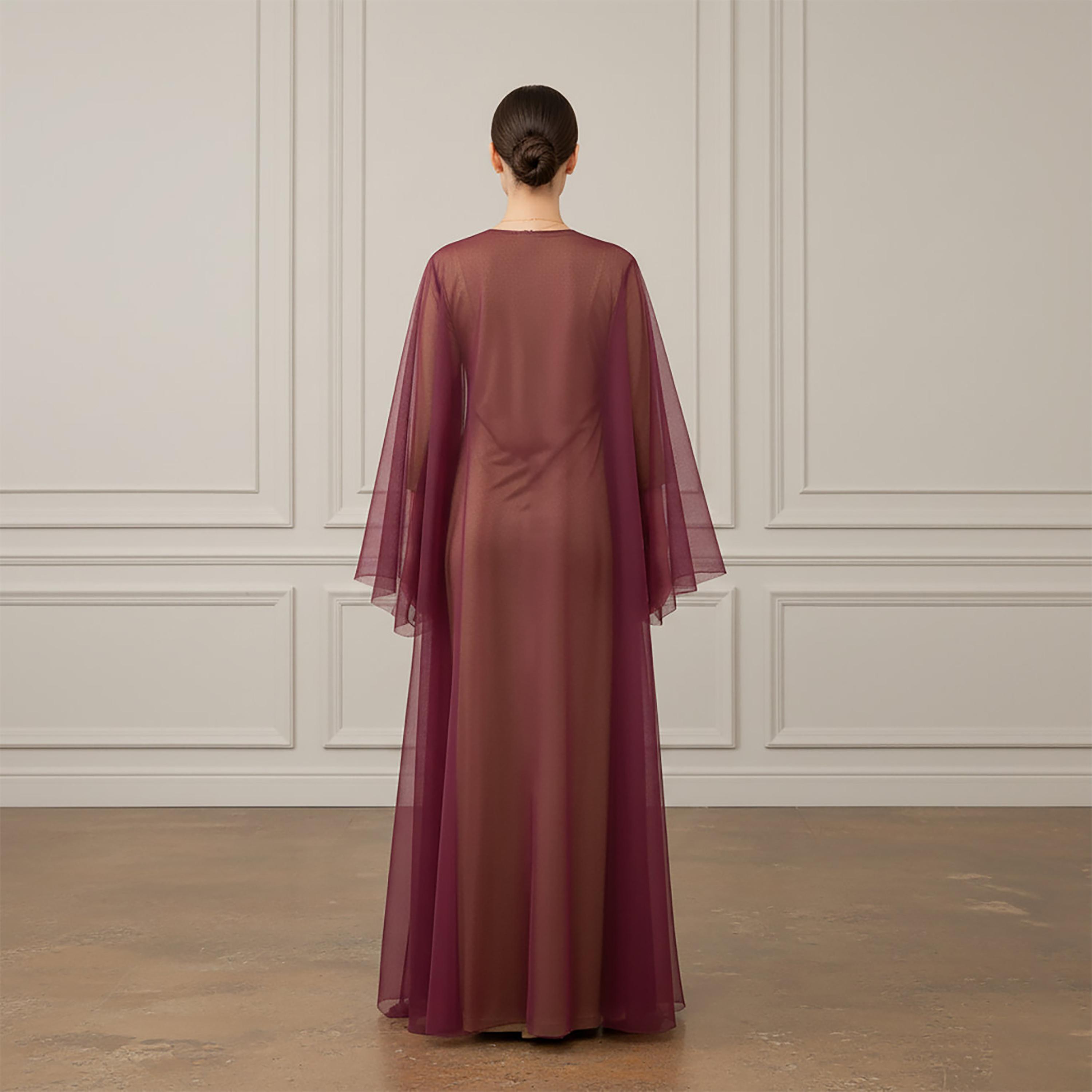 عباءة نسائية من التل الشفاف بأكمام عريضة بلون أحمر مع حجاب من نخبة-women-arabicclothing-abayas-image-4