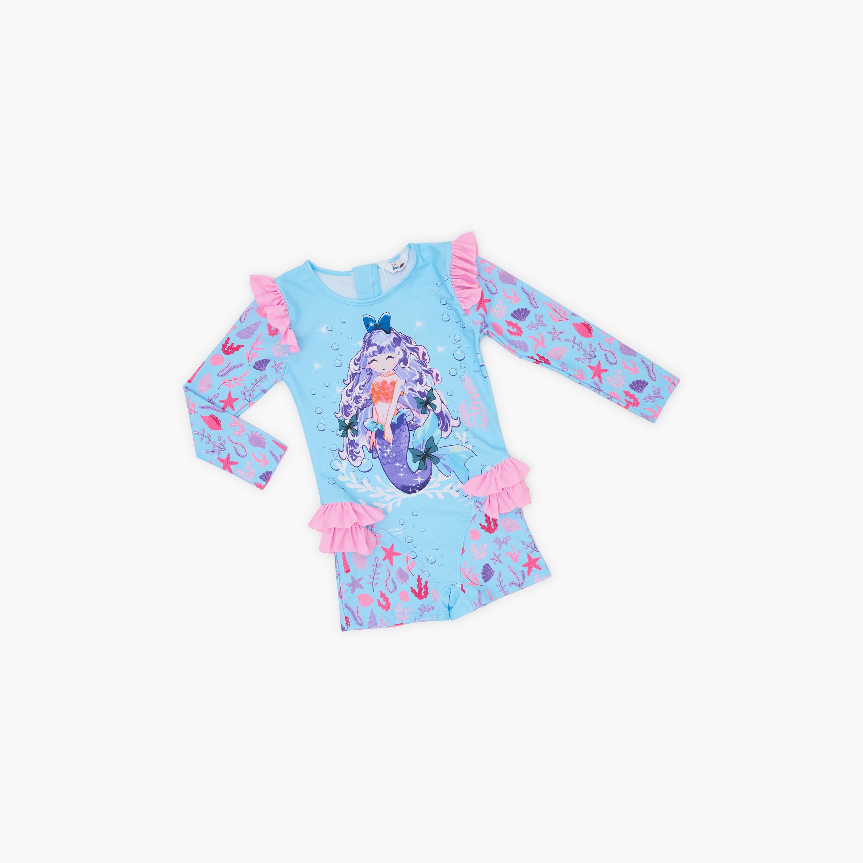 Babyqlo Mermaid Printed Long Sleeves Swimwear Bodysuit-girls-clothing-swimwear-image-1
