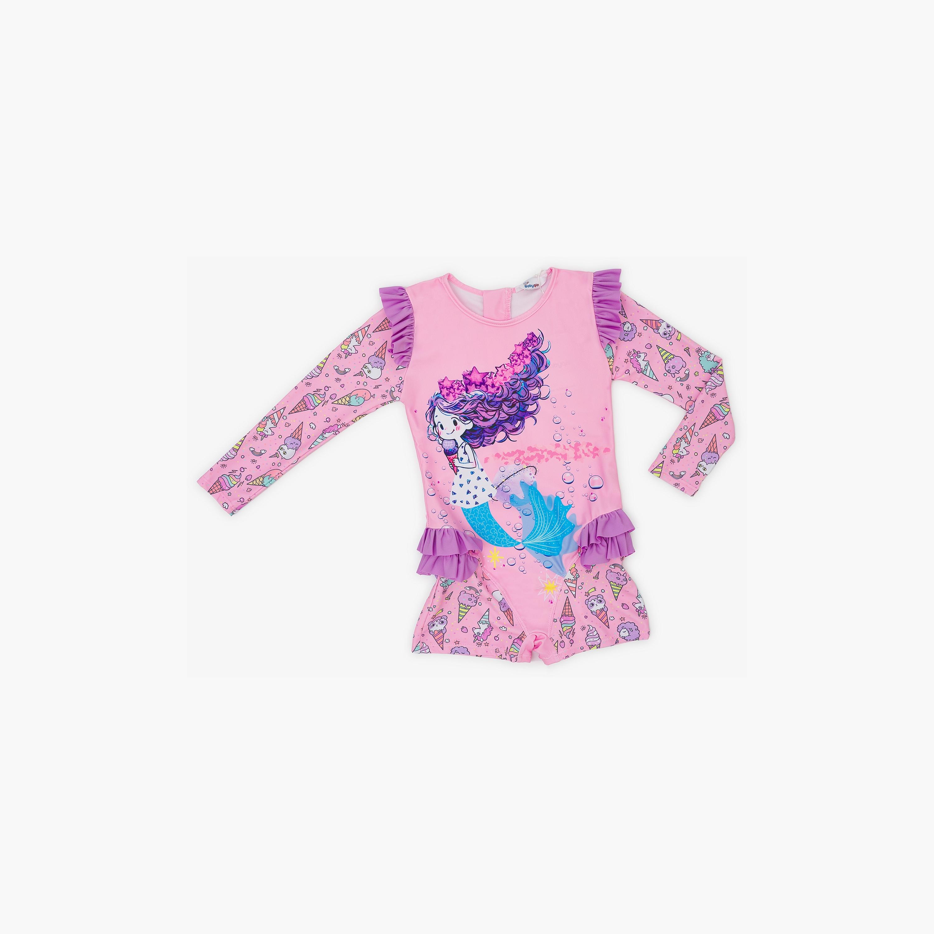Babyqlo Mermaid Printed Long Sleeves Swimwear Bodysuit-girls-clothing-swimwear-image-1
