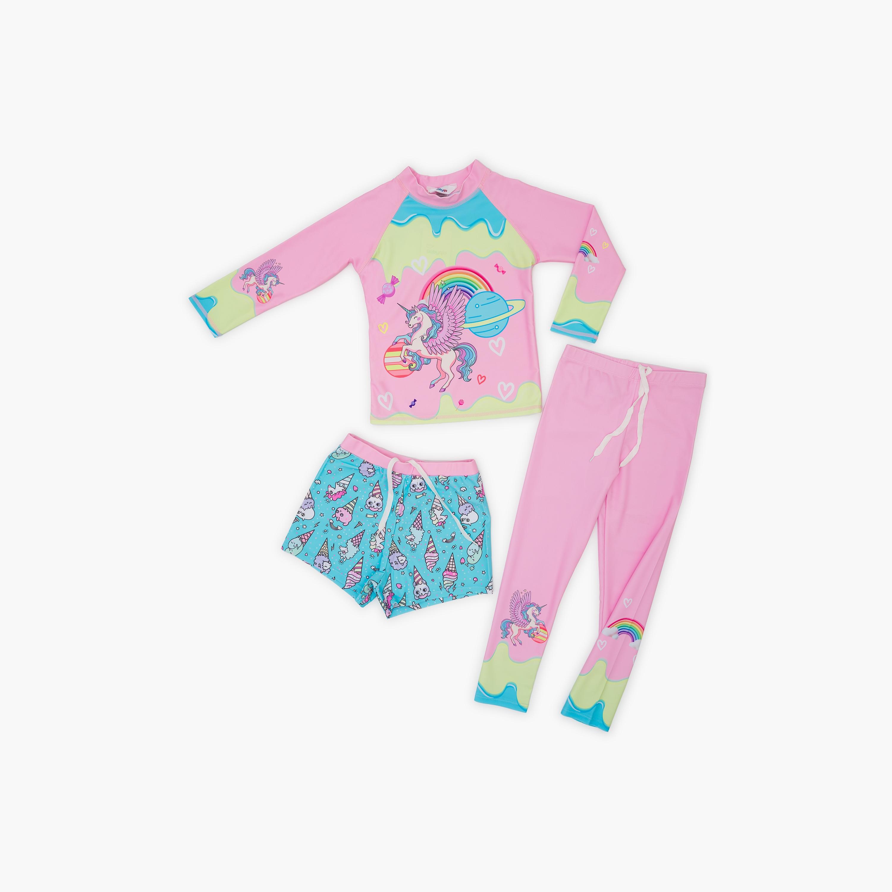 Babyqlo 3-Piece Unicorn Printed Swimwear Top, Pyjama with Shorts Set-girls-clothing-swimwear-image-1