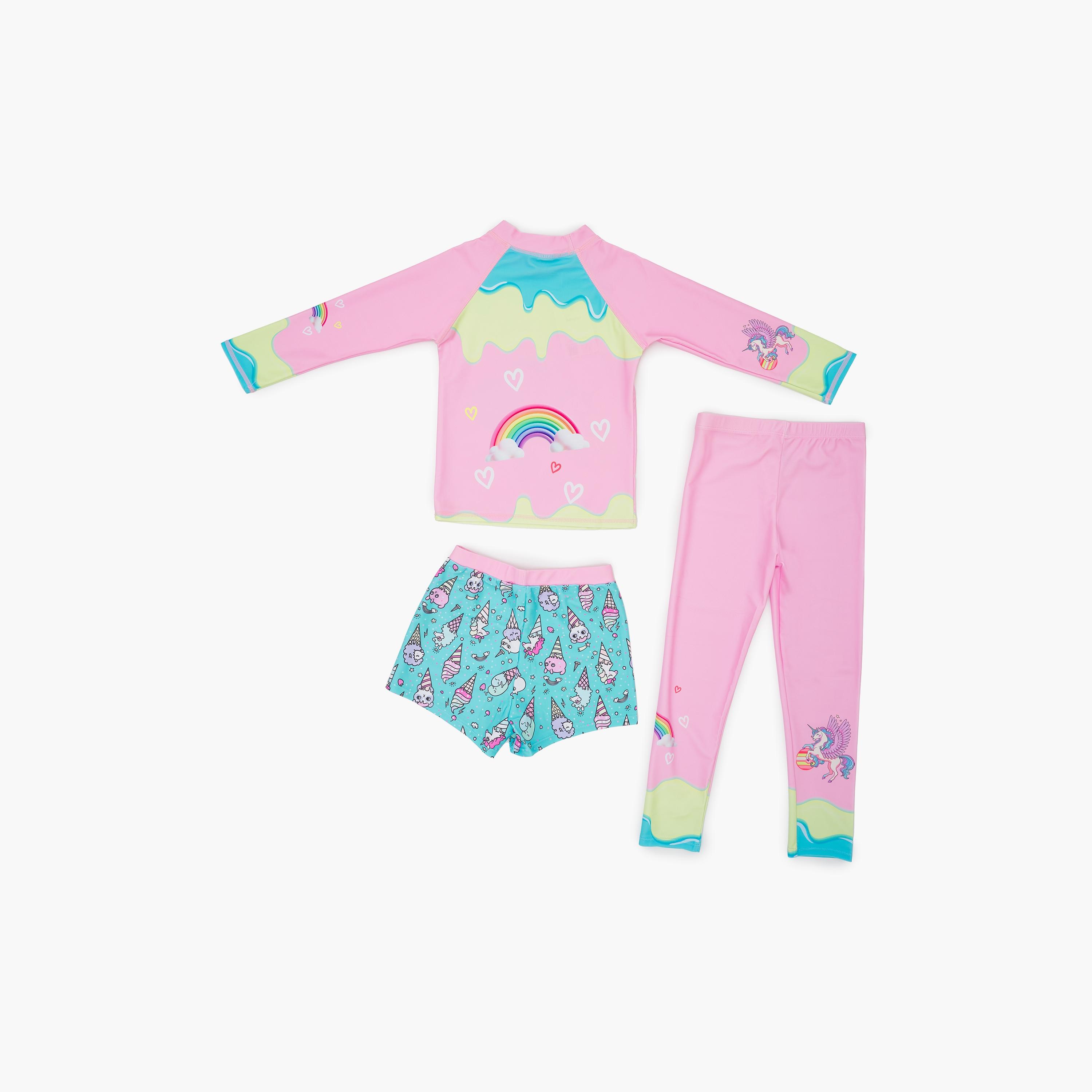 Babyqlo 3-Piece Unicorn Printed Swimwear Top, Pyjama with Shorts Set-girls-clothing-swimwear-image-2