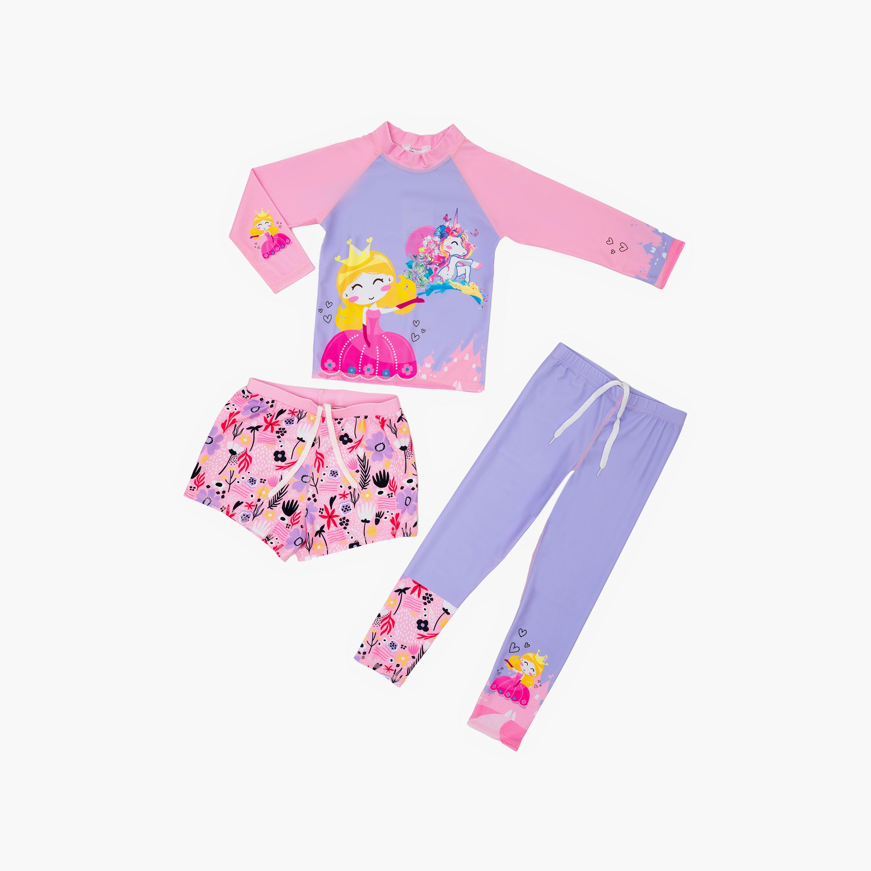 Babyqlo 3-Piece Princess Printed Swimwear Top, Pyjama with Shorts Set-girls-clothing-swimwear-image-1