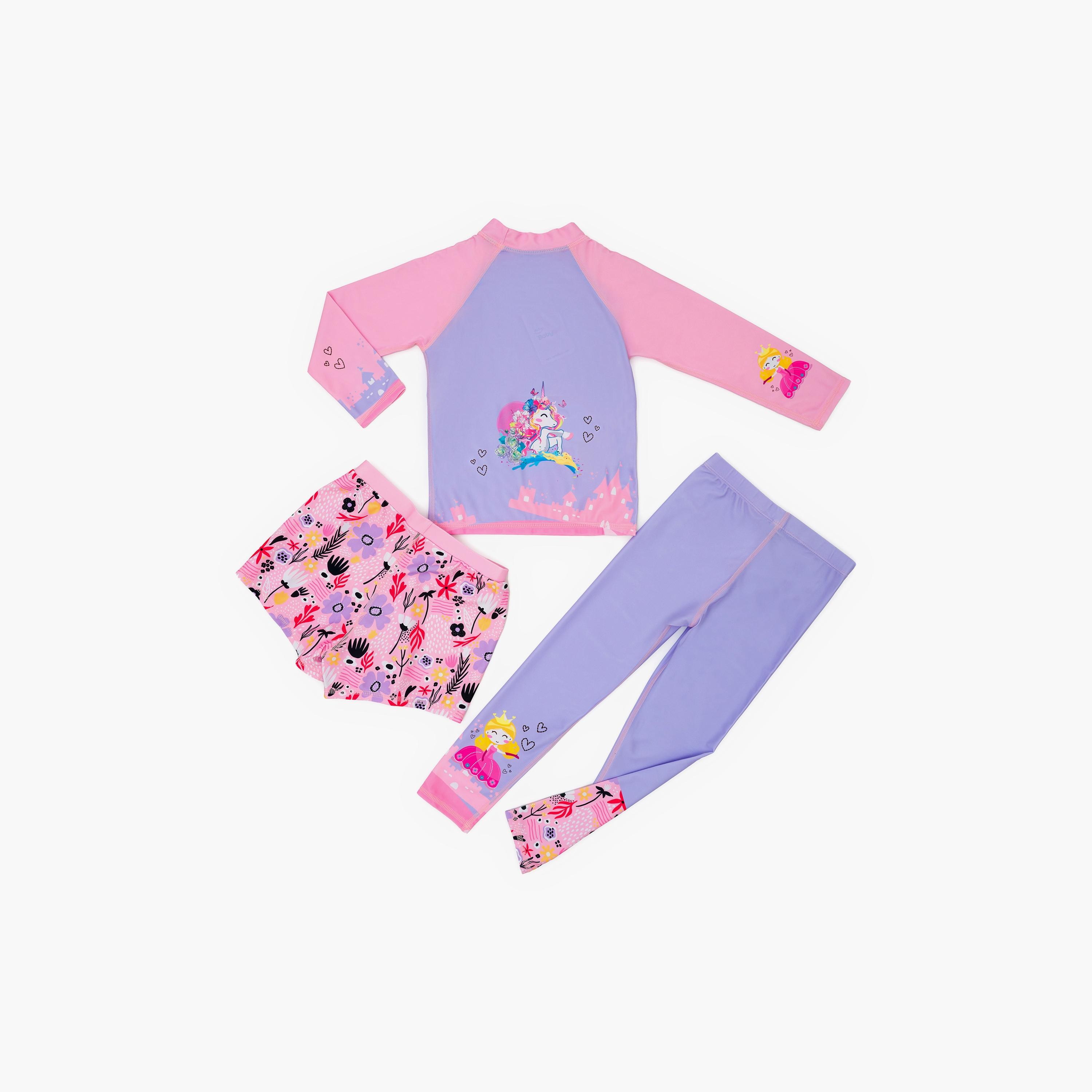 Babyqlo 3-Piece Princess Printed Swimwear Top, Pyjama with Shorts Set-girls-clothing-swimwear-image-2