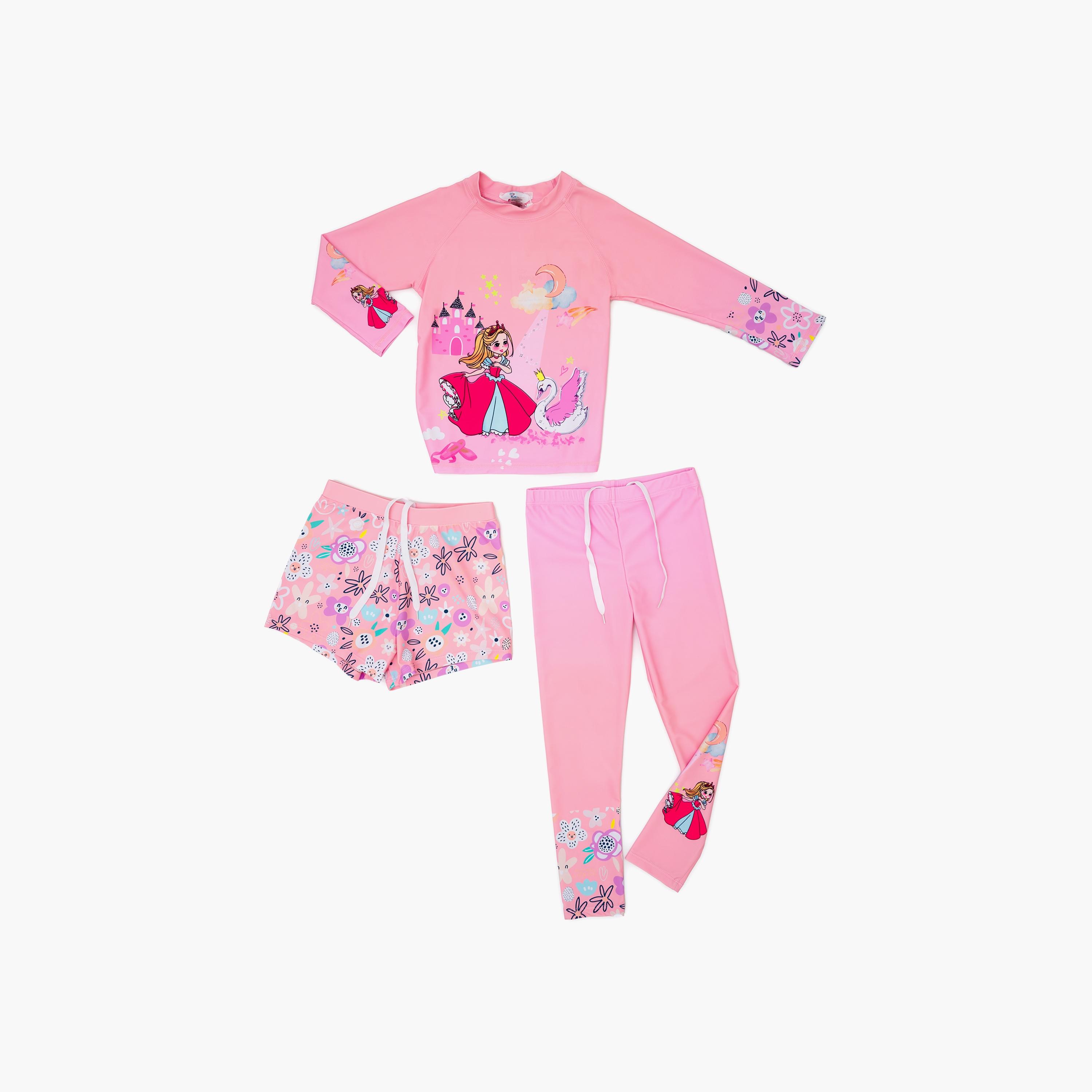 Babyqlo 3-Piece Swan Princess Printed Swimwear Top, Pyjama with Shorts Set-girls-clothing-swimwear-image-1