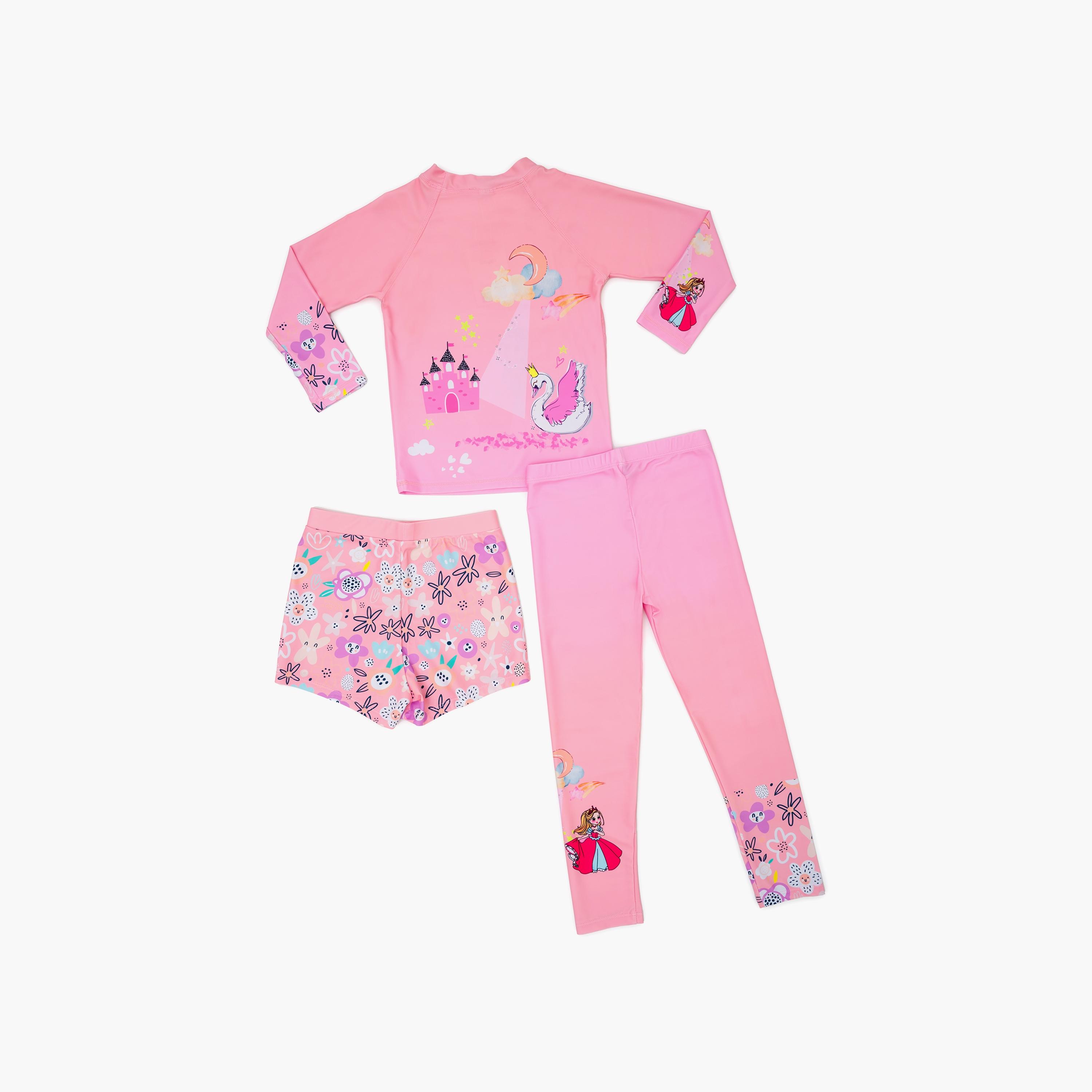 Babyqlo 3-Piece Swan Princess Printed Swimwear Top, Pyjama with Shorts Set-girls-clothing-swimwear-image-2