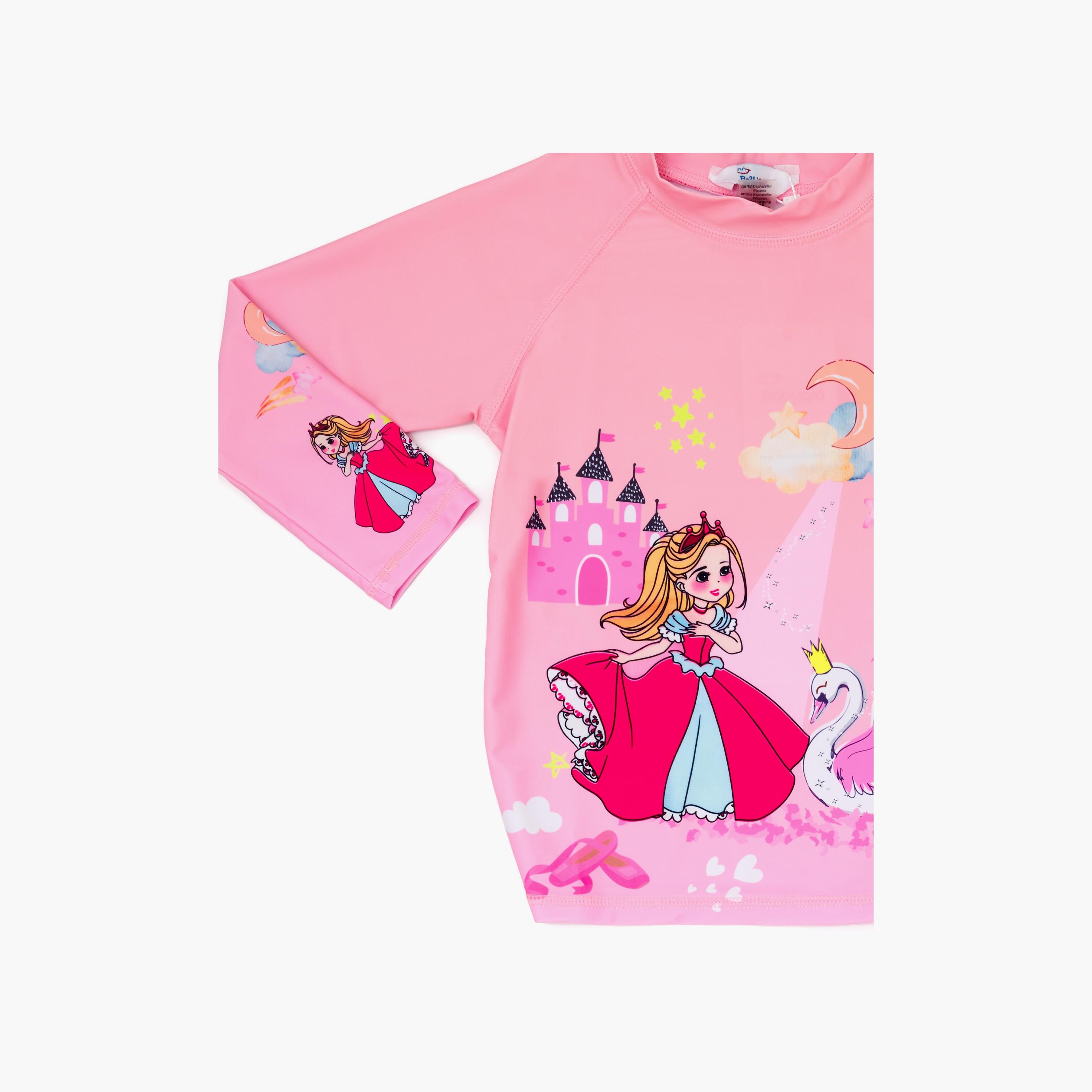 Babyqlo 3-Piece Swan Princess Printed Swimwear Top, Pyjama with Shorts Set-girls-clothing-swimwear-image-3