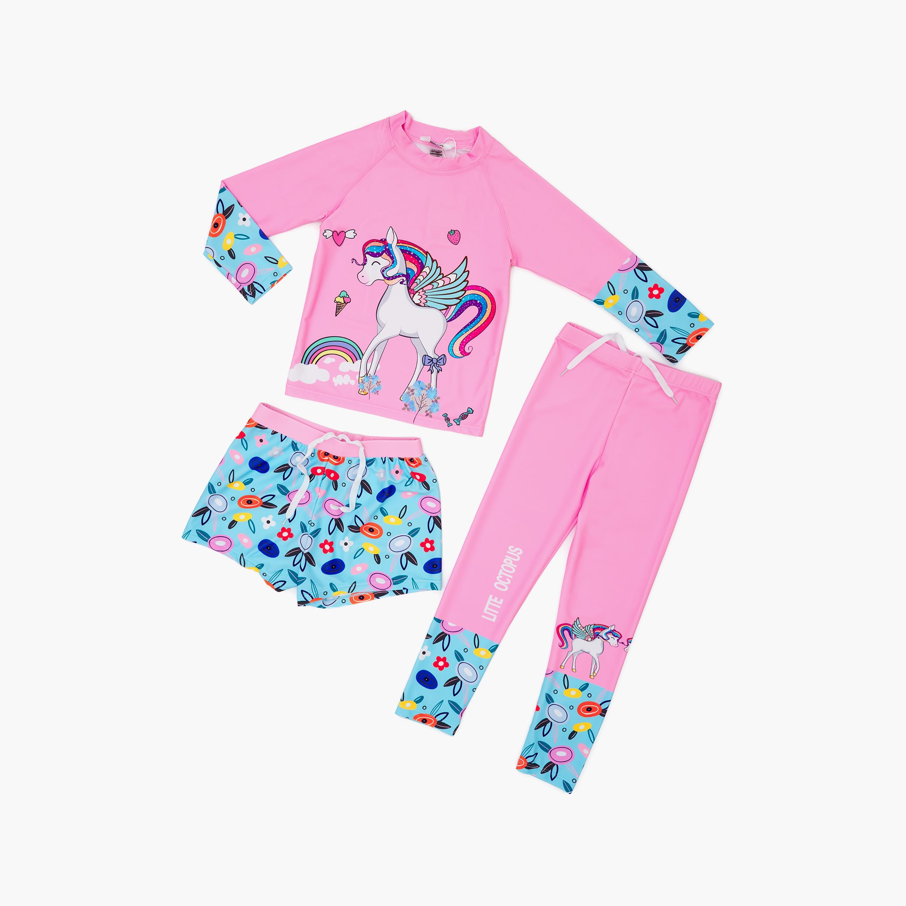 Babyqlo 3-Piece Unicorn Rainbow Printed Swimwear Top, Pyjama with Shorts Set-girls-clothing-swimwear-image-1