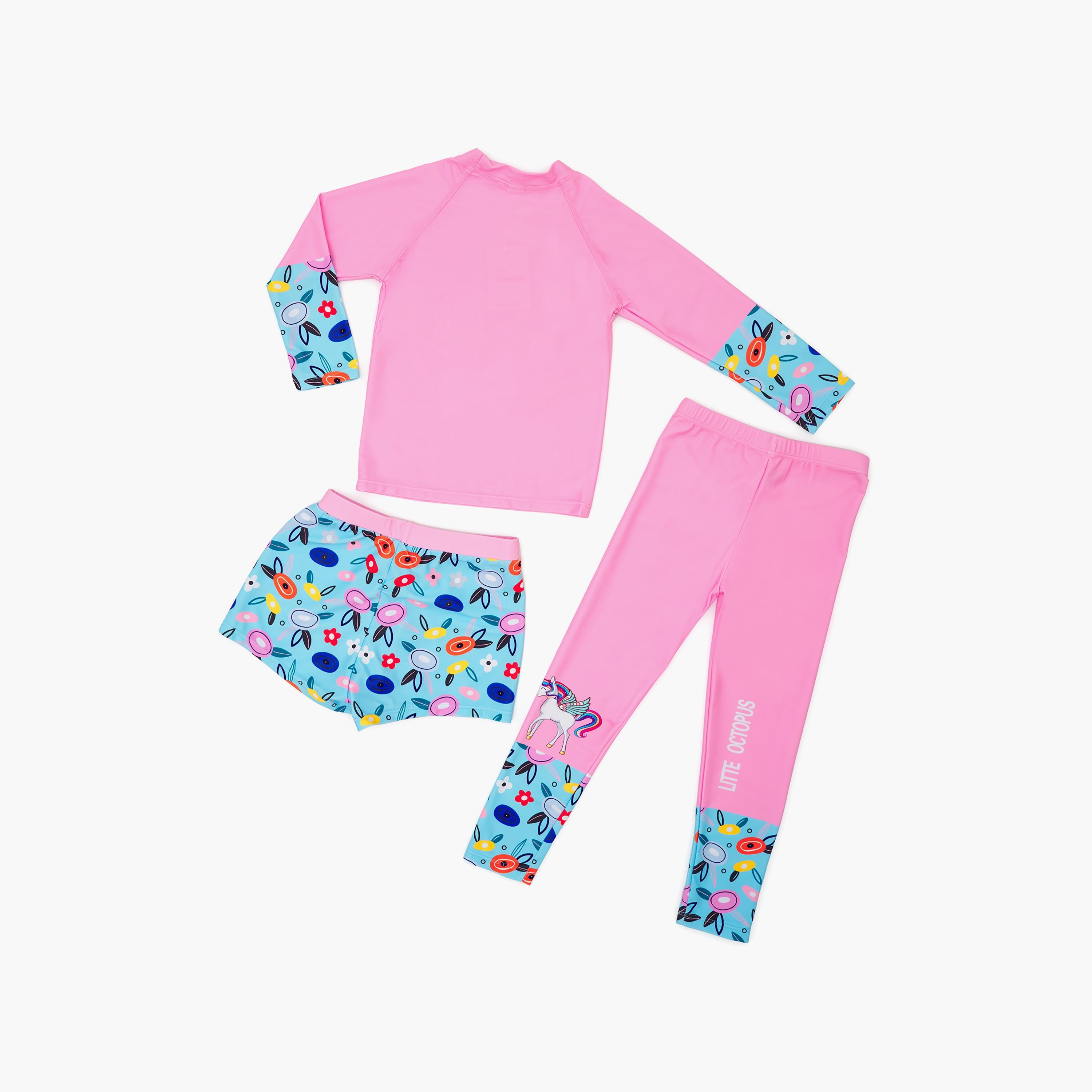 Babyqlo 3-Piece Unicorn Rainbow Printed Swimwear Top, Pyjama with Shorts Set-girls-clothing-swimwear-image-2
