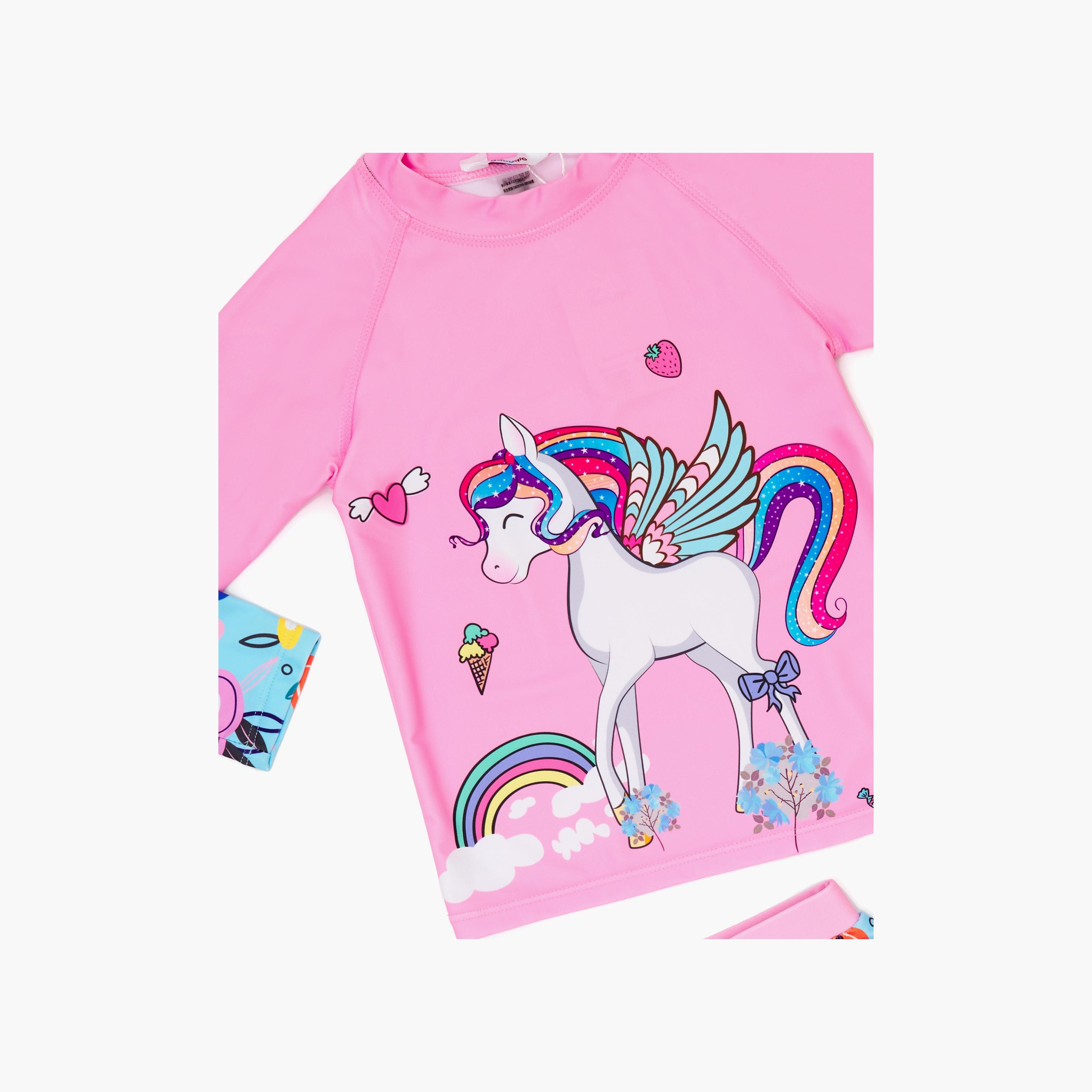 Babyqlo 3-Piece Unicorn Rainbow Printed Swimwear Top, Pyjama with Shorts Set-girls-clothing-swimwear-image-3