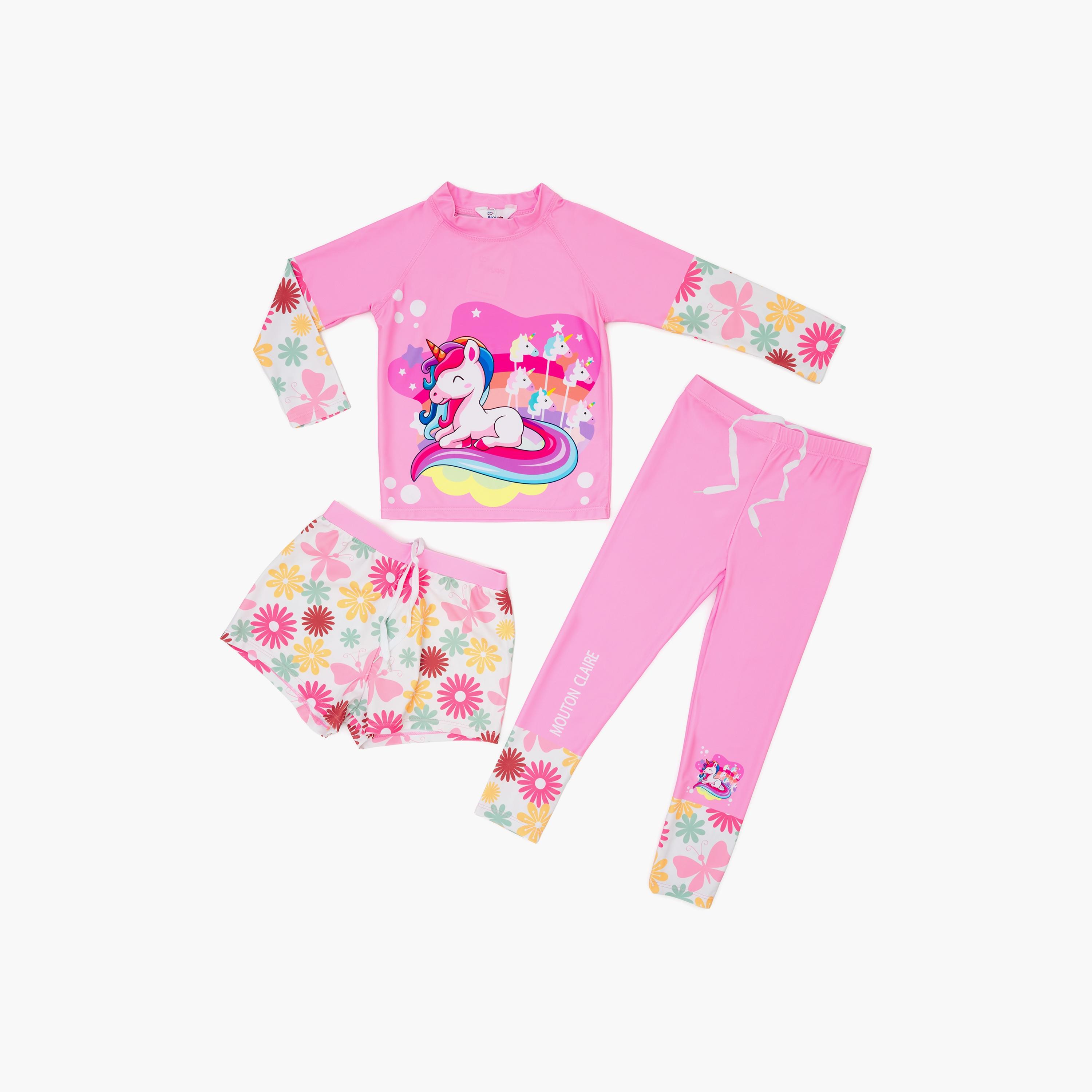 Babyqlo 3-Piece Unicorn Floral Printed Swimwear Set Top, Pyjama with Shorts Set-girls-clothing-swimwear-image-1
