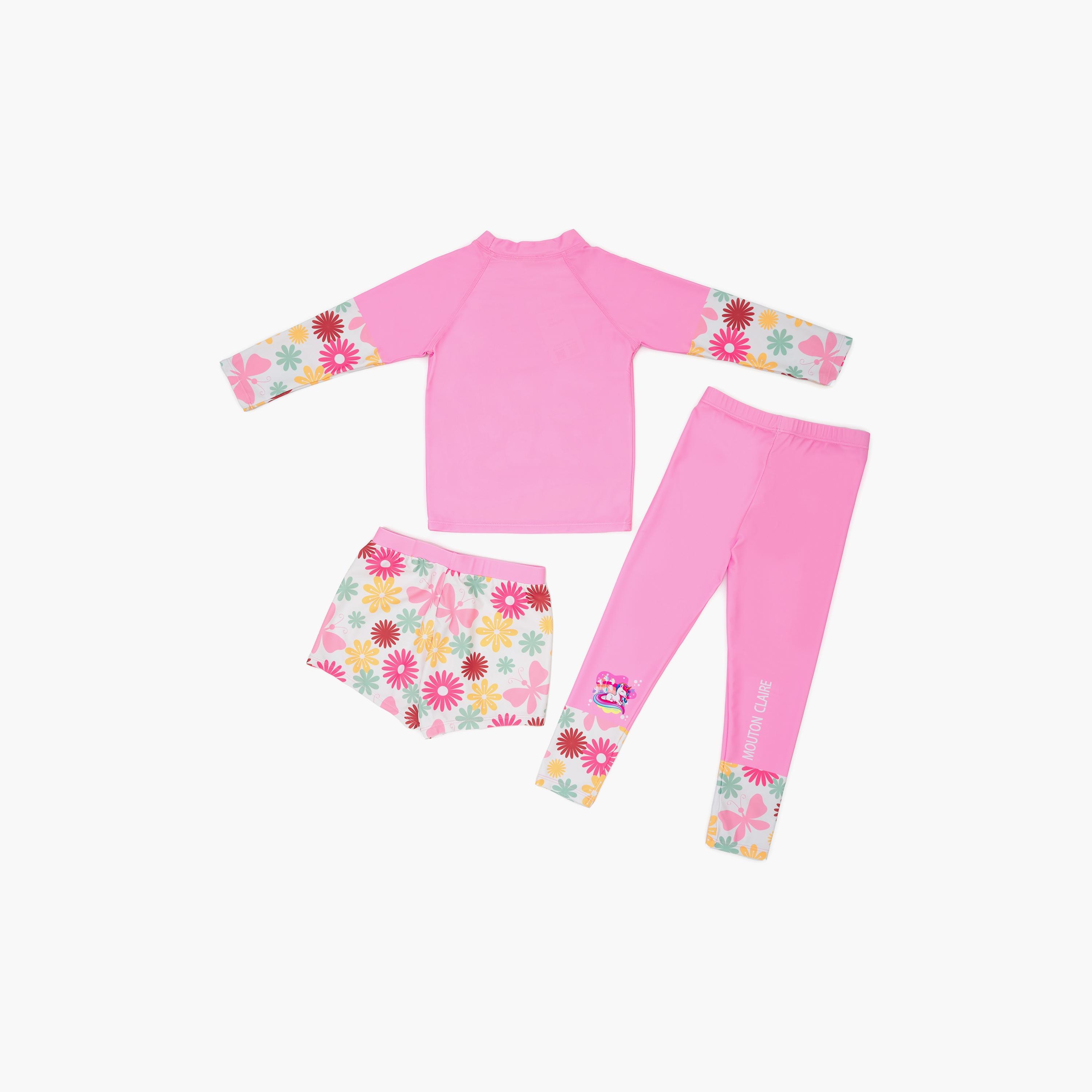 Babyqlo 3-Piece Unicorn Floral Printed Swimwear Set Top, Pyjama with Shorts Set-girls-clothing-swimwear-image-2