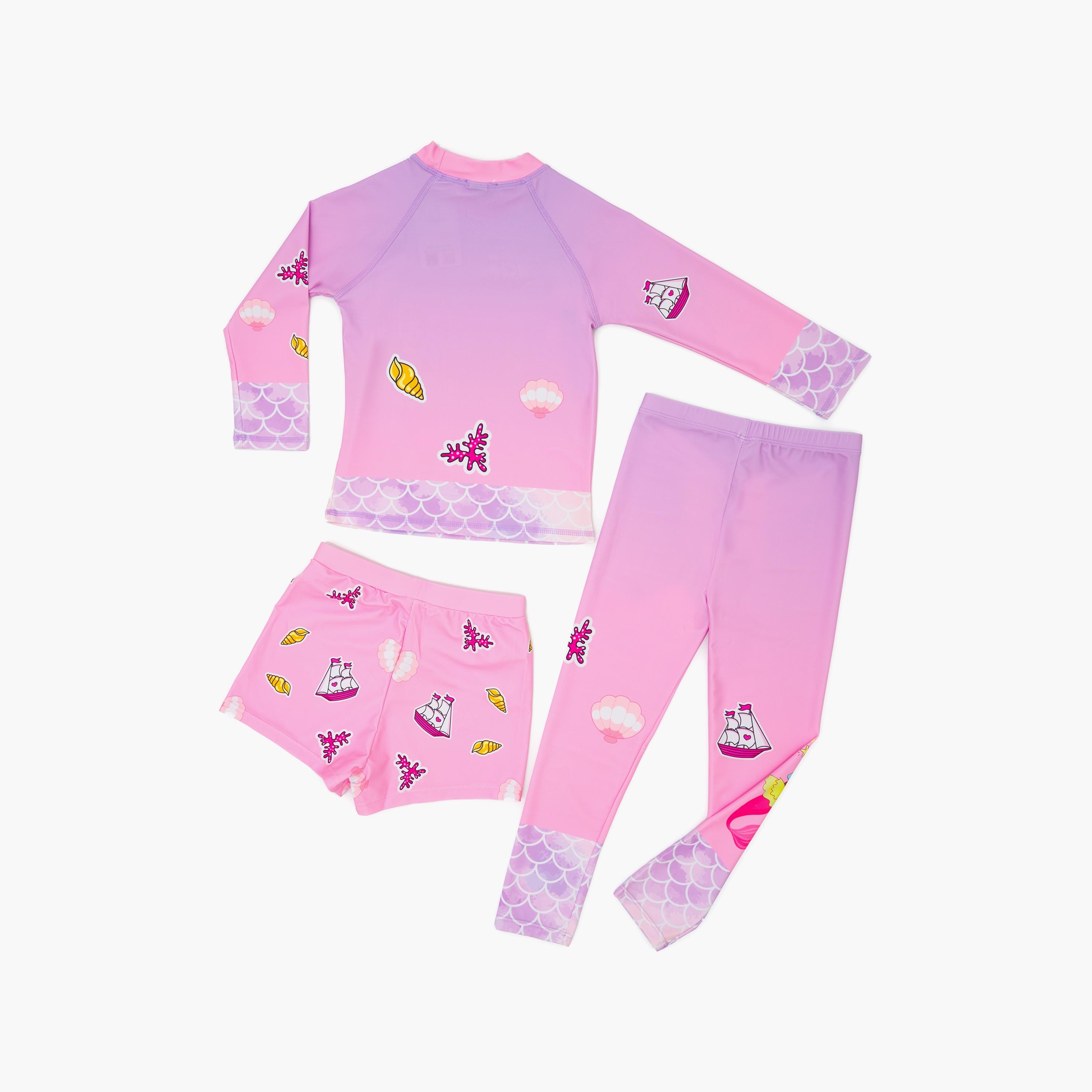 Babyqlo 3-Piece Mermaid Sea Princess Printed Swimwear Top, Pyjama with Shorts Set-girls-clothing-swimwear-image-2
