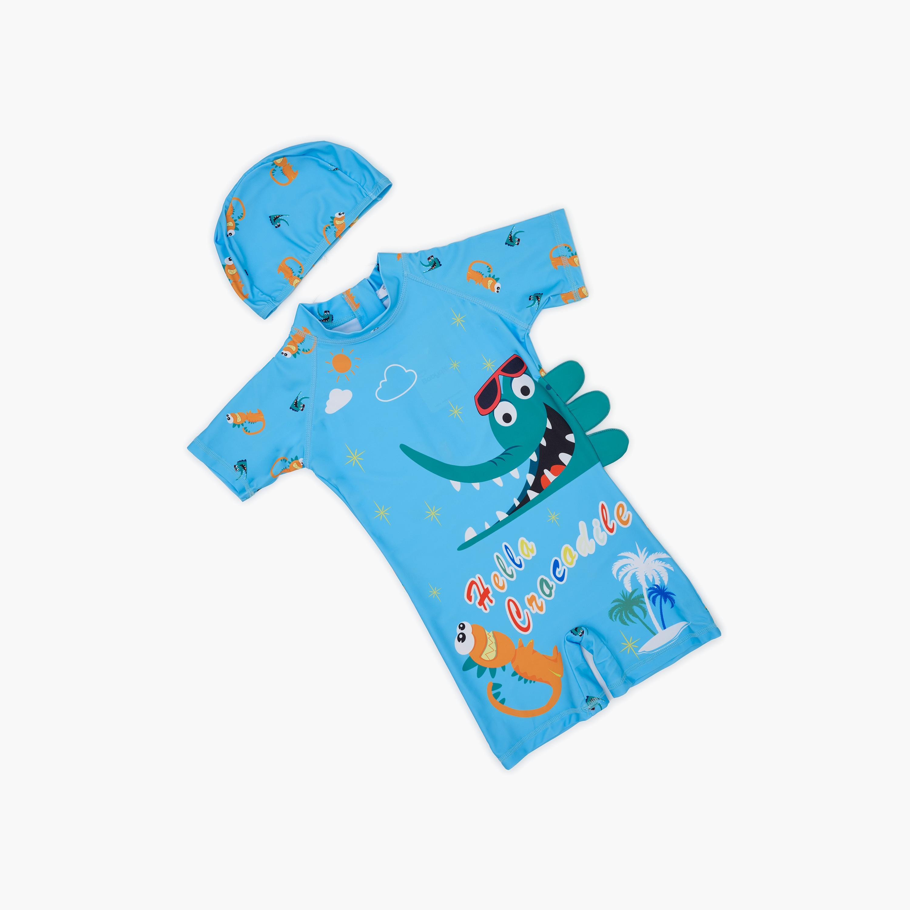 Babyqlo Crocodile Fun Printed Shorts Sleeves Swimwear Bodysuit with Cap-baby-boys-clothing-swimwear-image-1