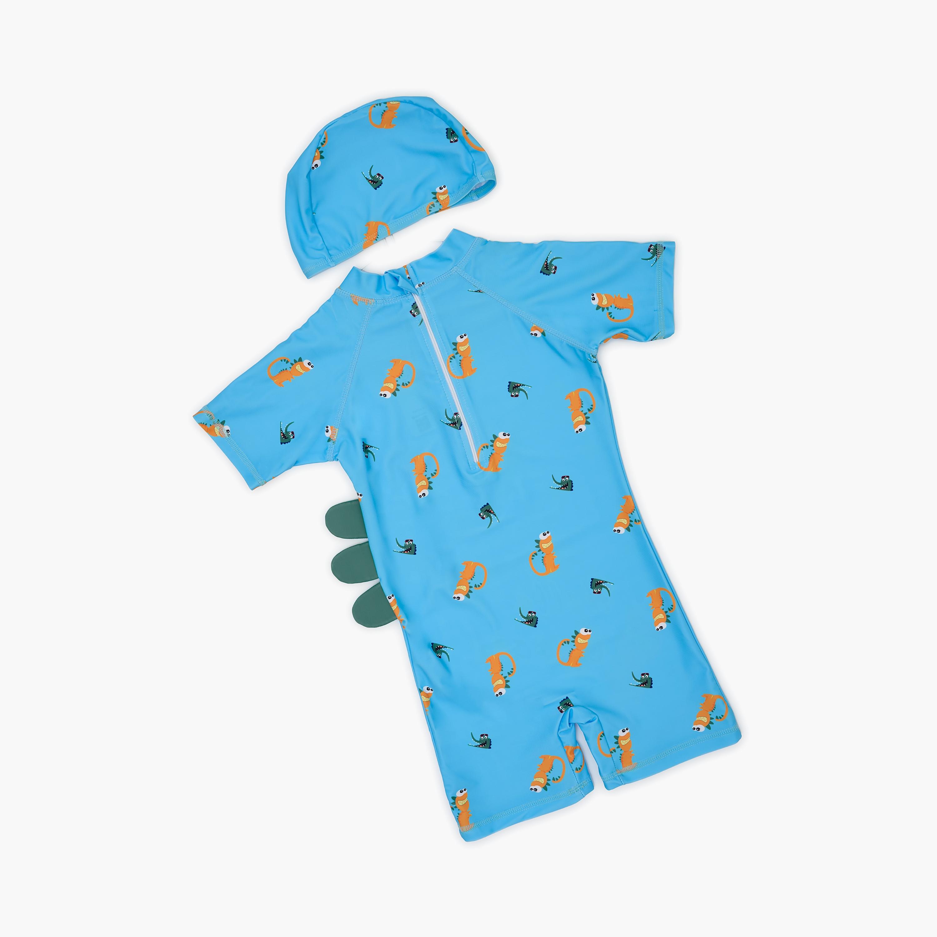 Babyqlo Crocodile Fun Printed Shorts Sleeves Swimwear Bodysuit with Cap-baby-boys-clothing-swimwear-image-2