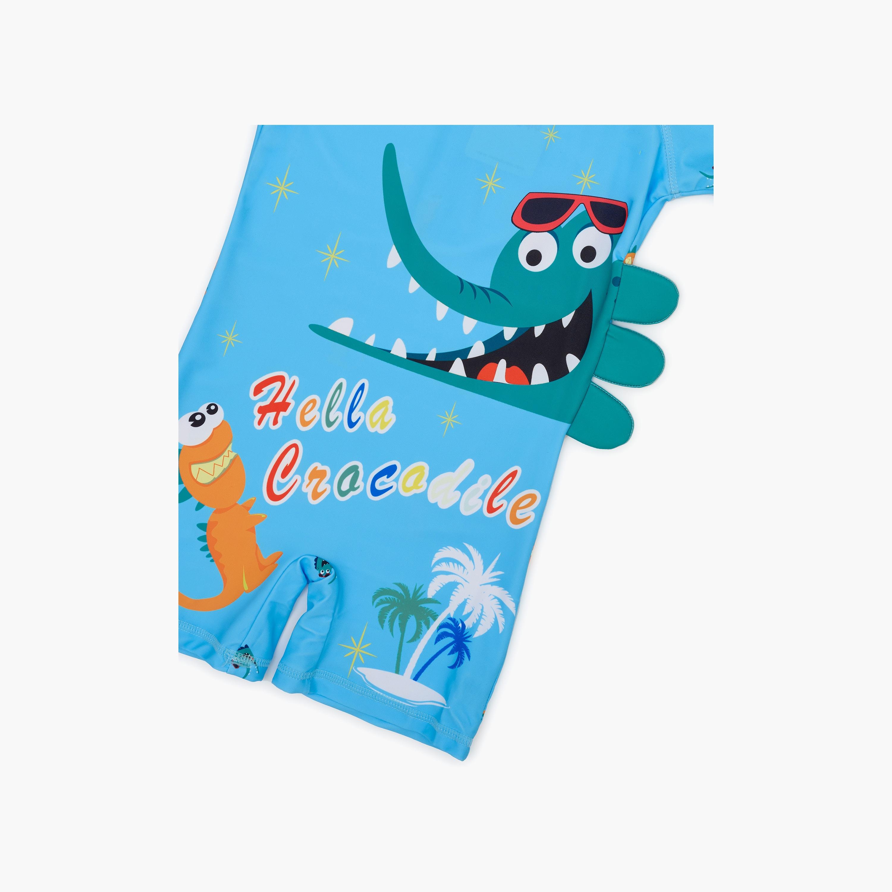Babyqlo Crocodile Fun Printed Shorts Sleeves Swimwear Bodysuit with Cap-baby-boys-clothing-swimwear-image-4