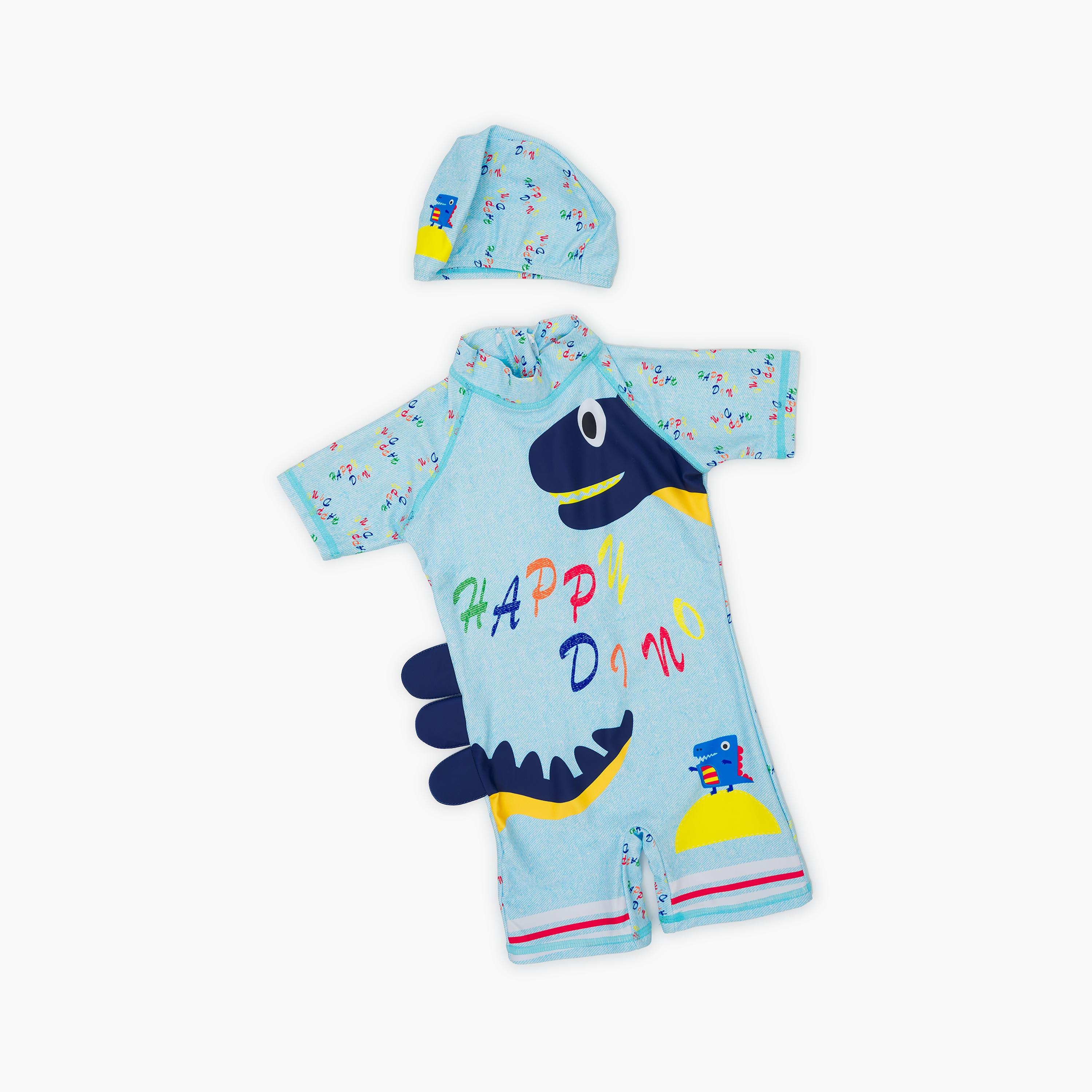 Babyqlo Happy Dino Printed Shorts Sleeves Swimwear Bodysuit with Cap-baby-boys-clothing-swimwear-image-1