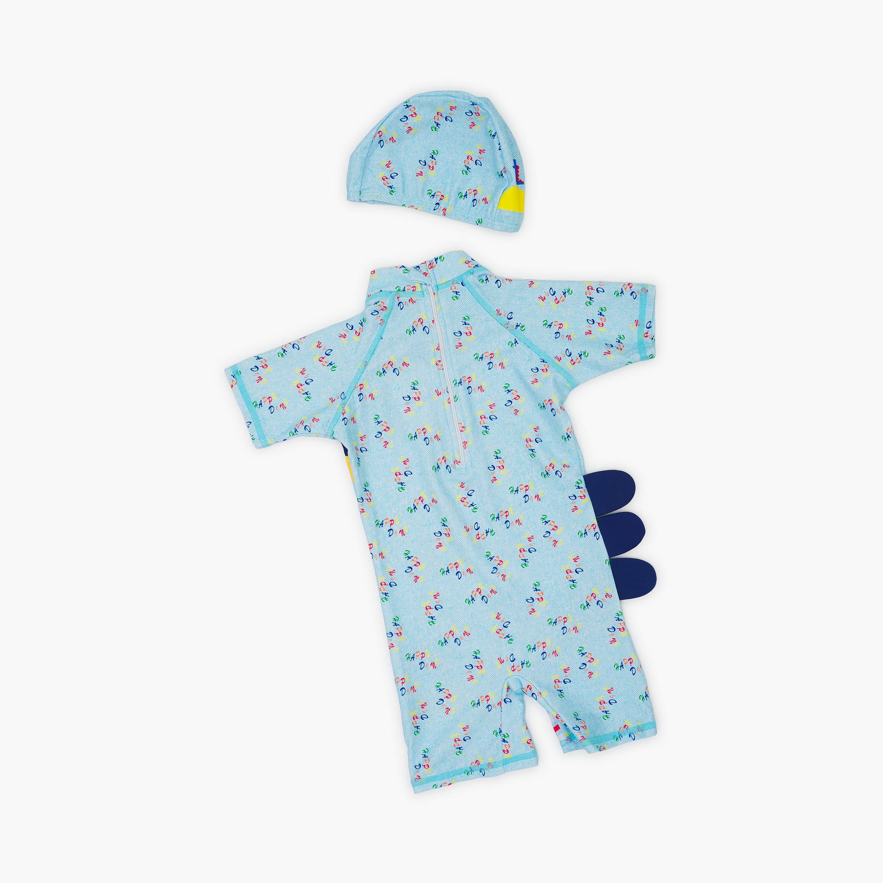 Babyqlo Happy Dino Printed Shorts Sleeves Swimwear Bodysuit with Cap-baby-boys-clothing-swimwear-image-2