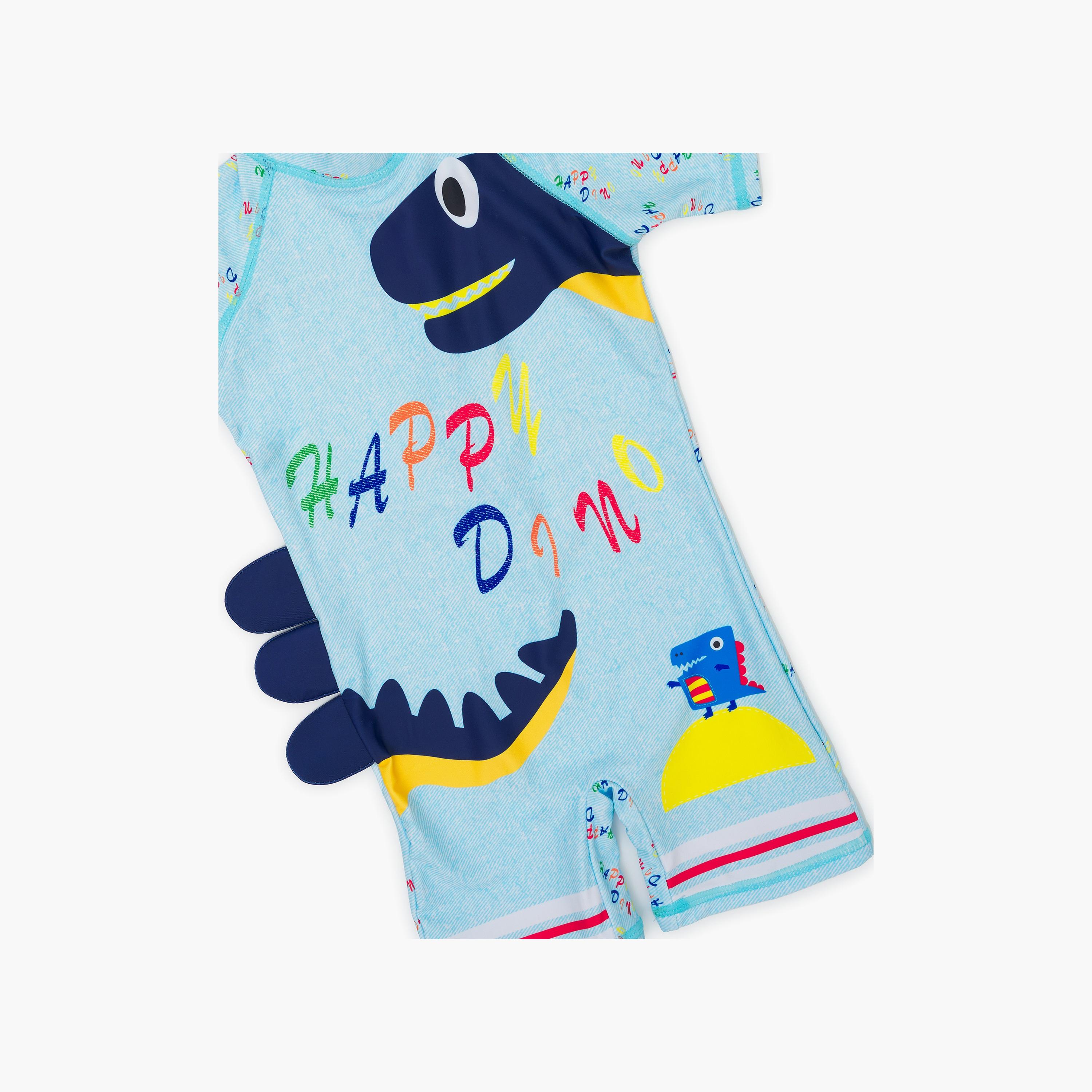 Babyqlo Happy Dino Printed Shorts Sleeves Swimwear Bodysuit with Cap-baby-boys-clothing-swimwear-image-5