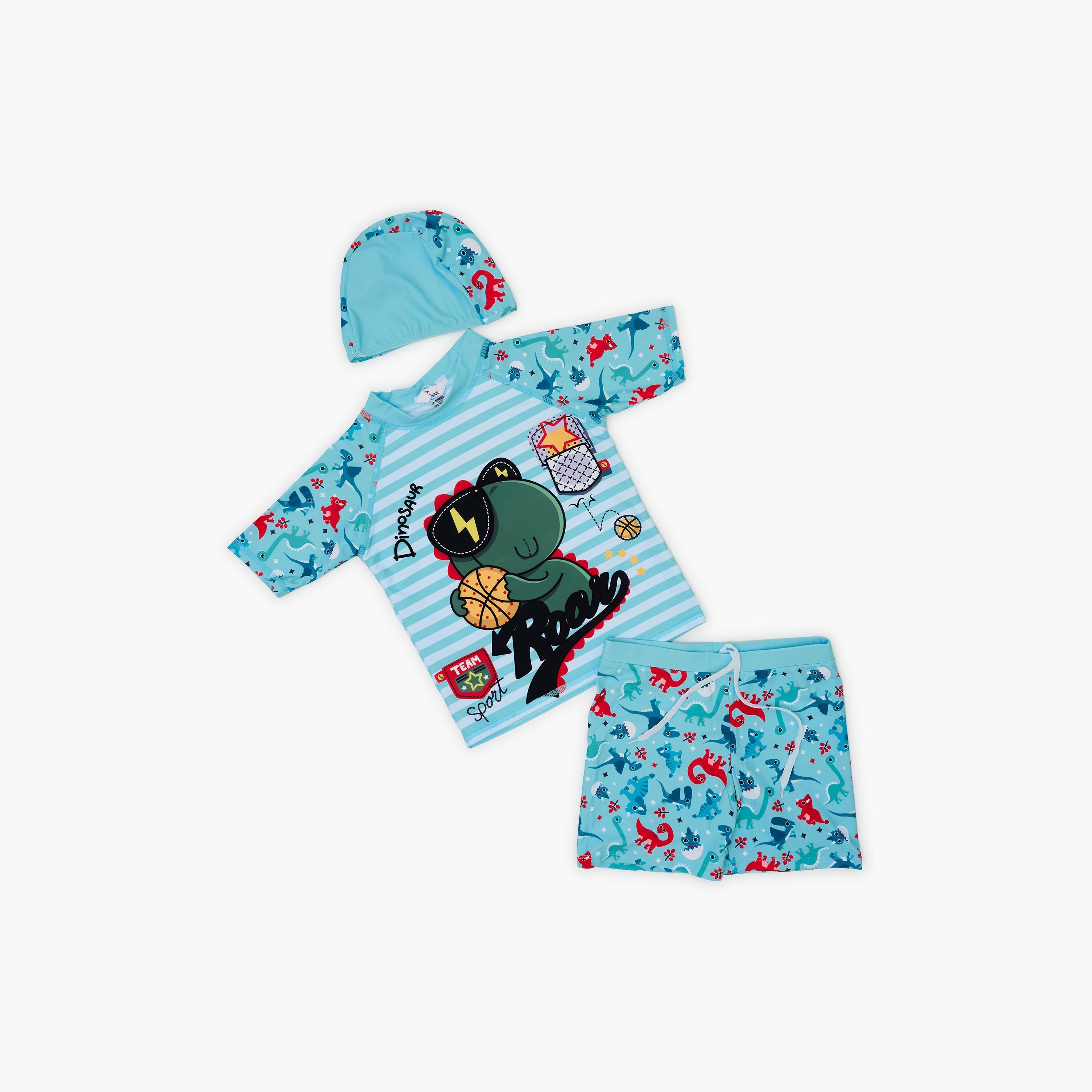 Babyqlo Dino Basketball Printed Short Sleeves T-Shirt, Short with Cap-boys-clothing-swimwear-image-1
