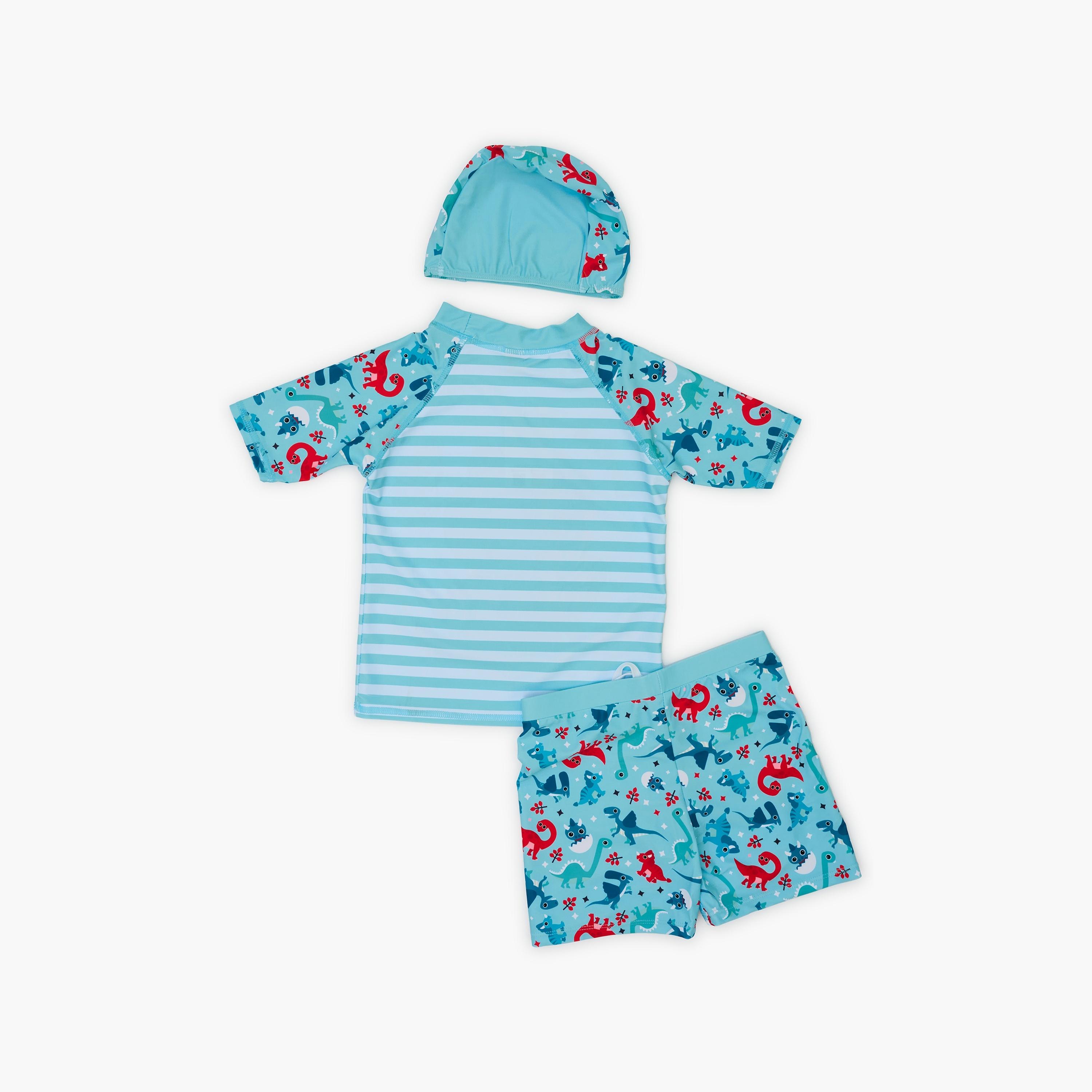 Babyqlo Dino Basketball Printed Short Sleeves T-Shirt, Short with Cap-boys-clothing-swimwear-image-2