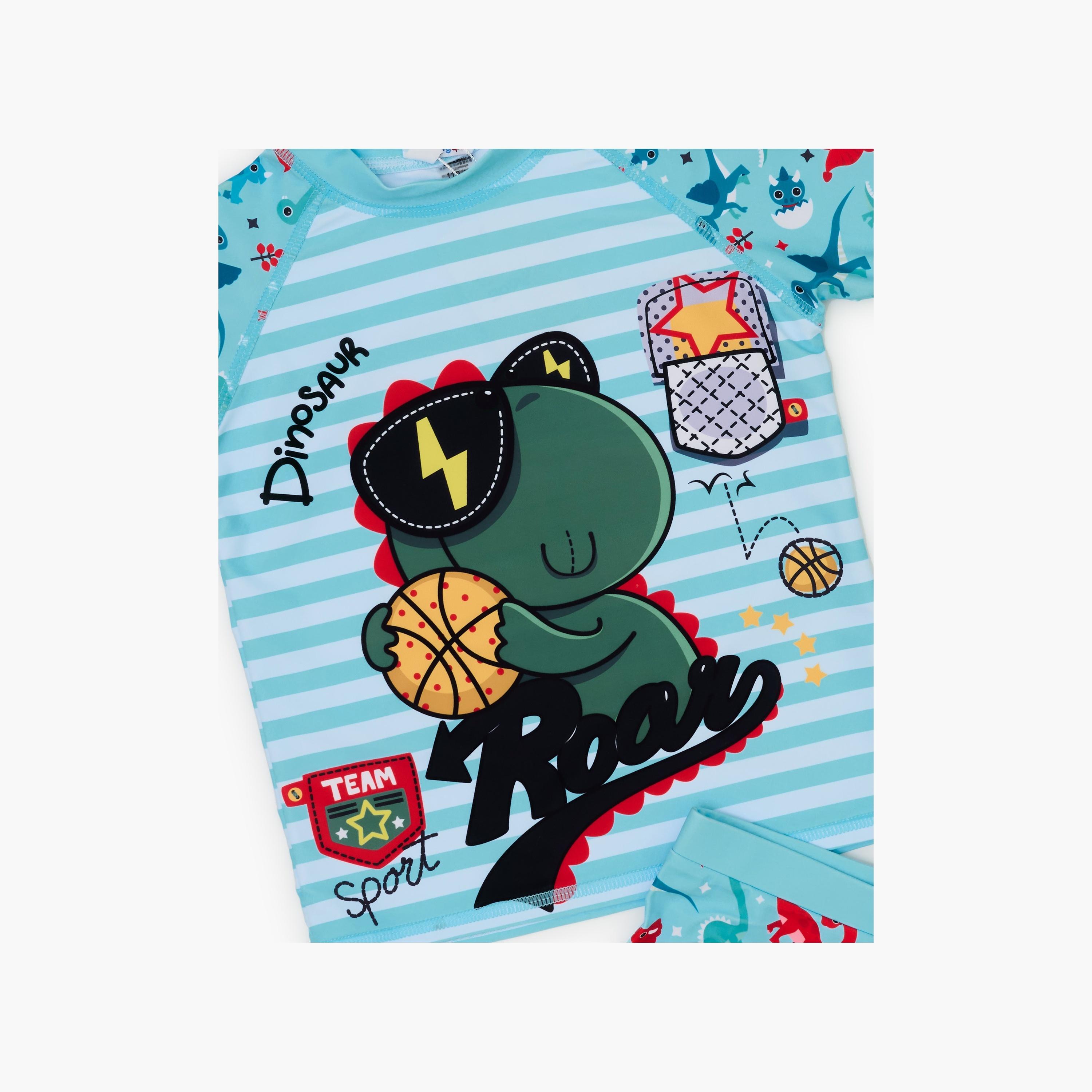 Babyqlo Dino Basketball Printed Short Sleeves T-Shirt, Short with Cap-boys-clothing-swimwear-image-3