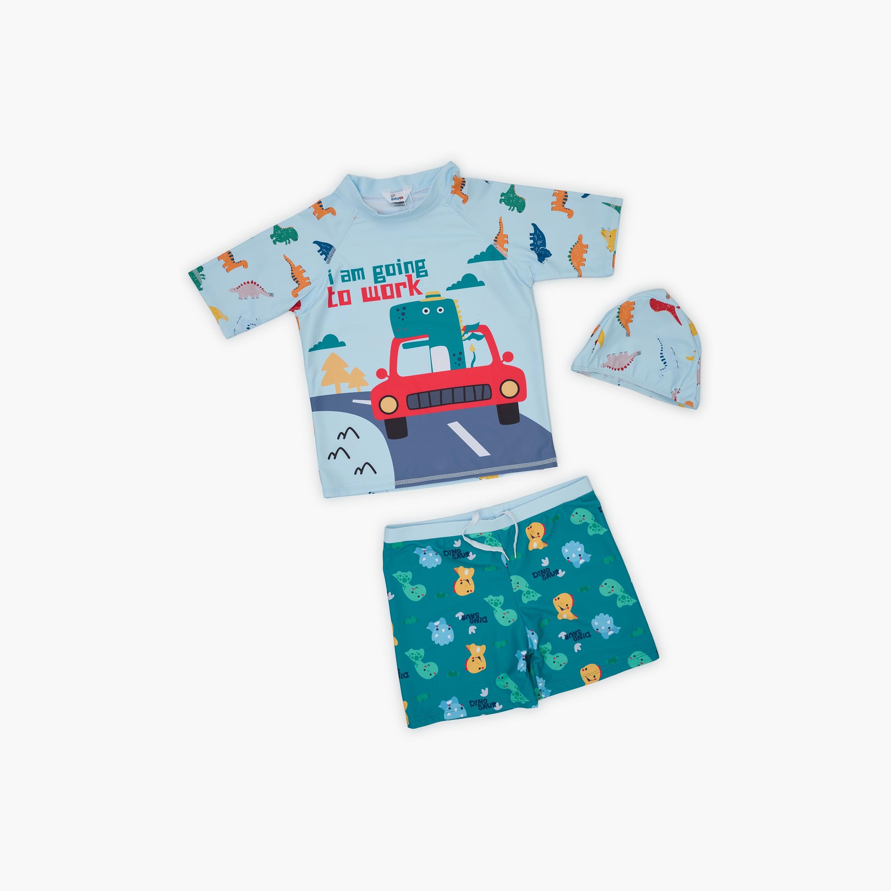 Babyqlo Dino Drive Printed Short Sleeves T-Shirt, Short with Cap-boys-clothing-swimwear-image-1