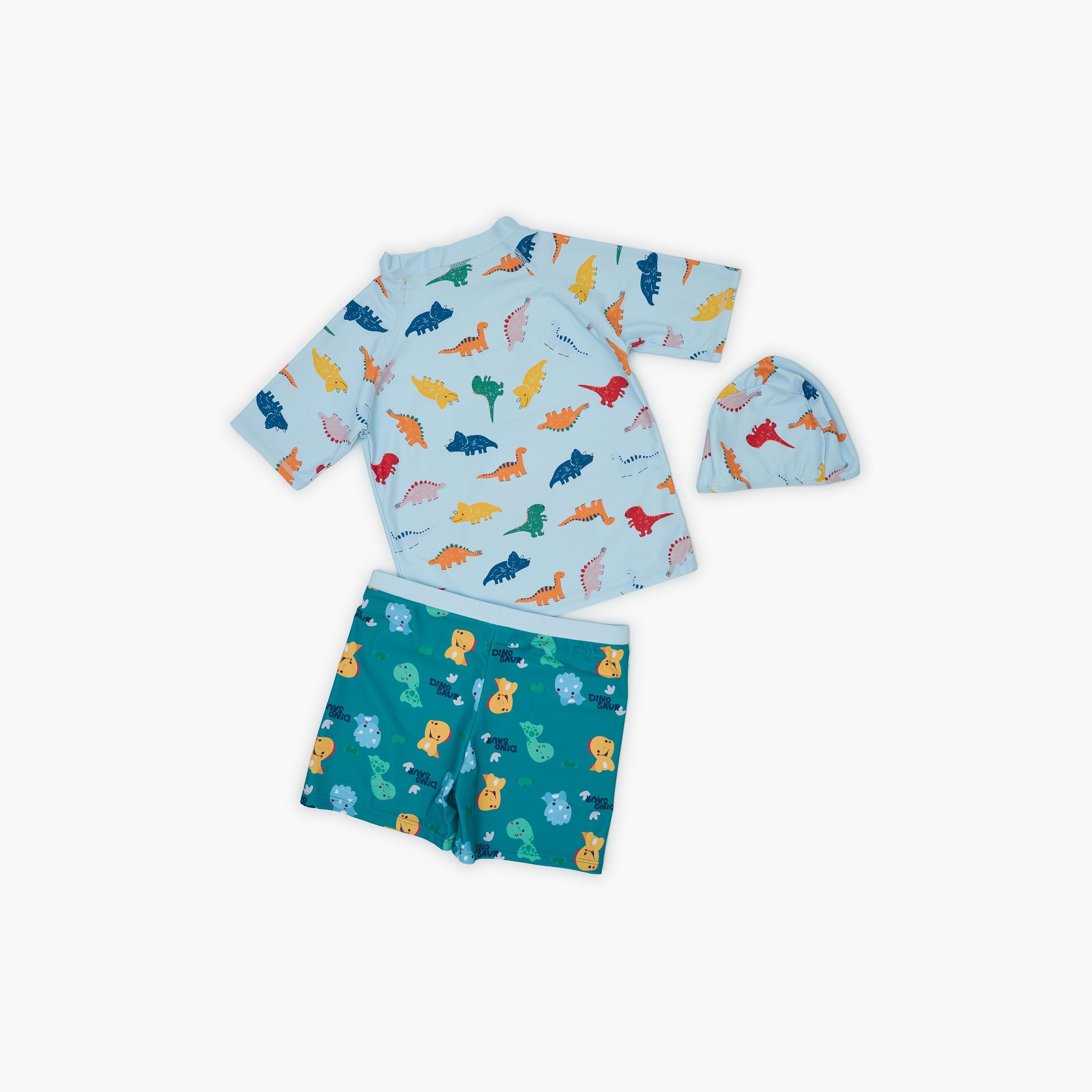 Babyqlo Dino Drive Printed Short Sleeves T-Shirt, Short with Cap-boys-clothing-swimwear-image-2